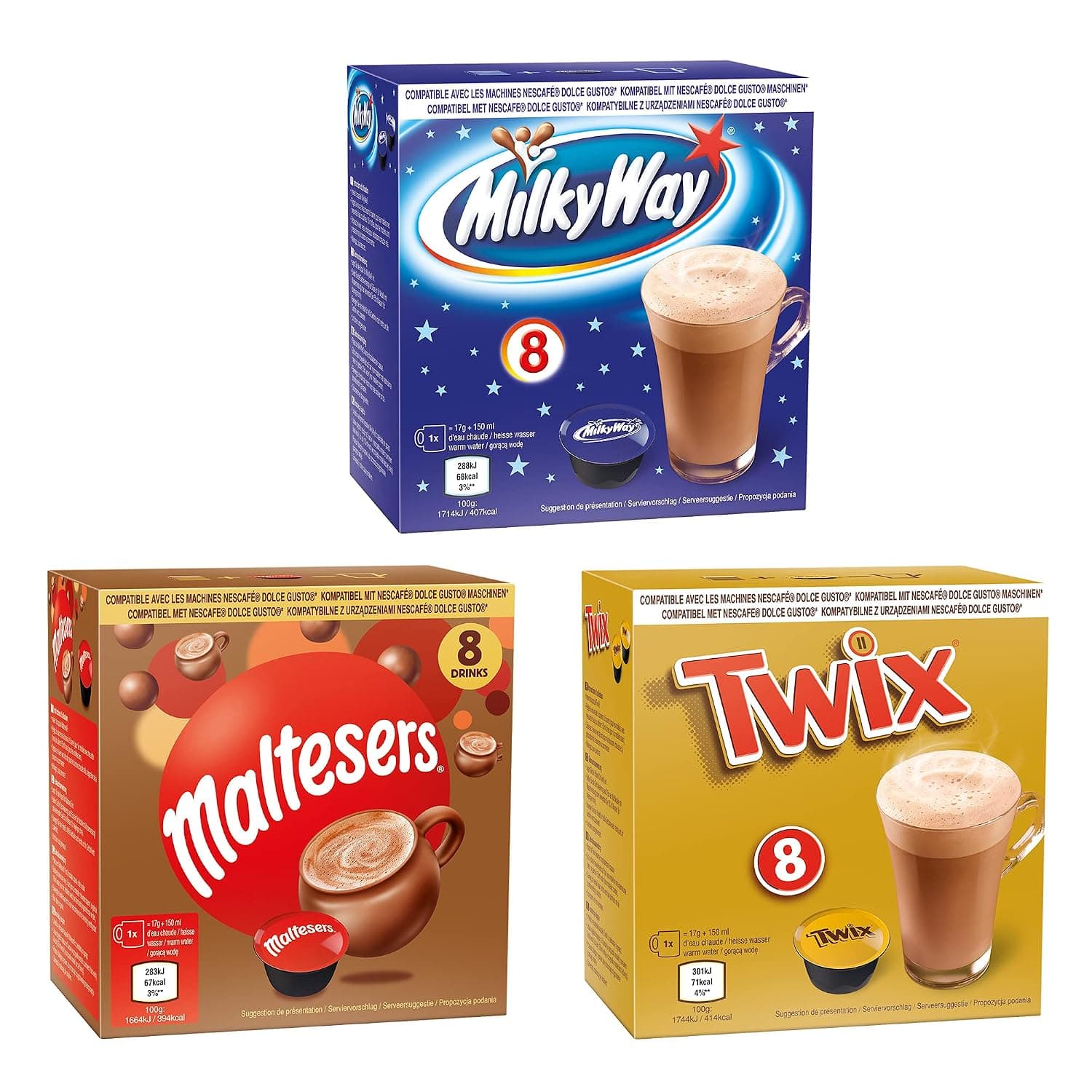 24 Hot Chocolate Drink - Dolce Gusto Compatible Capsules - Mars, Twix, Milkyway (3 x 8 cups)
