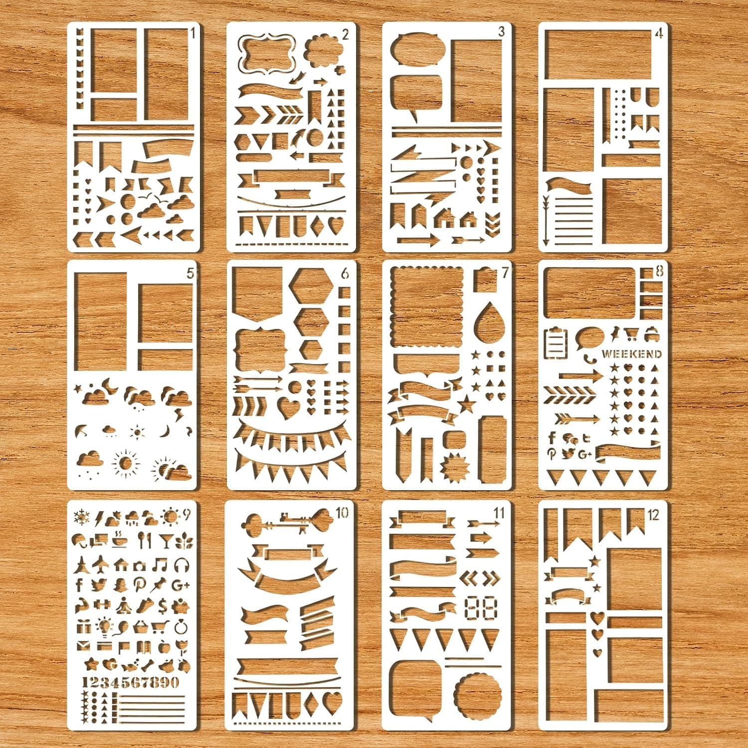 Planner Stencils Set for Journaling 12Pcs, Reusable Drawing and Painting Templates for Scrapbooking, Bullet Journals, Planner Art, DIY Crafts and School Projects (silver)