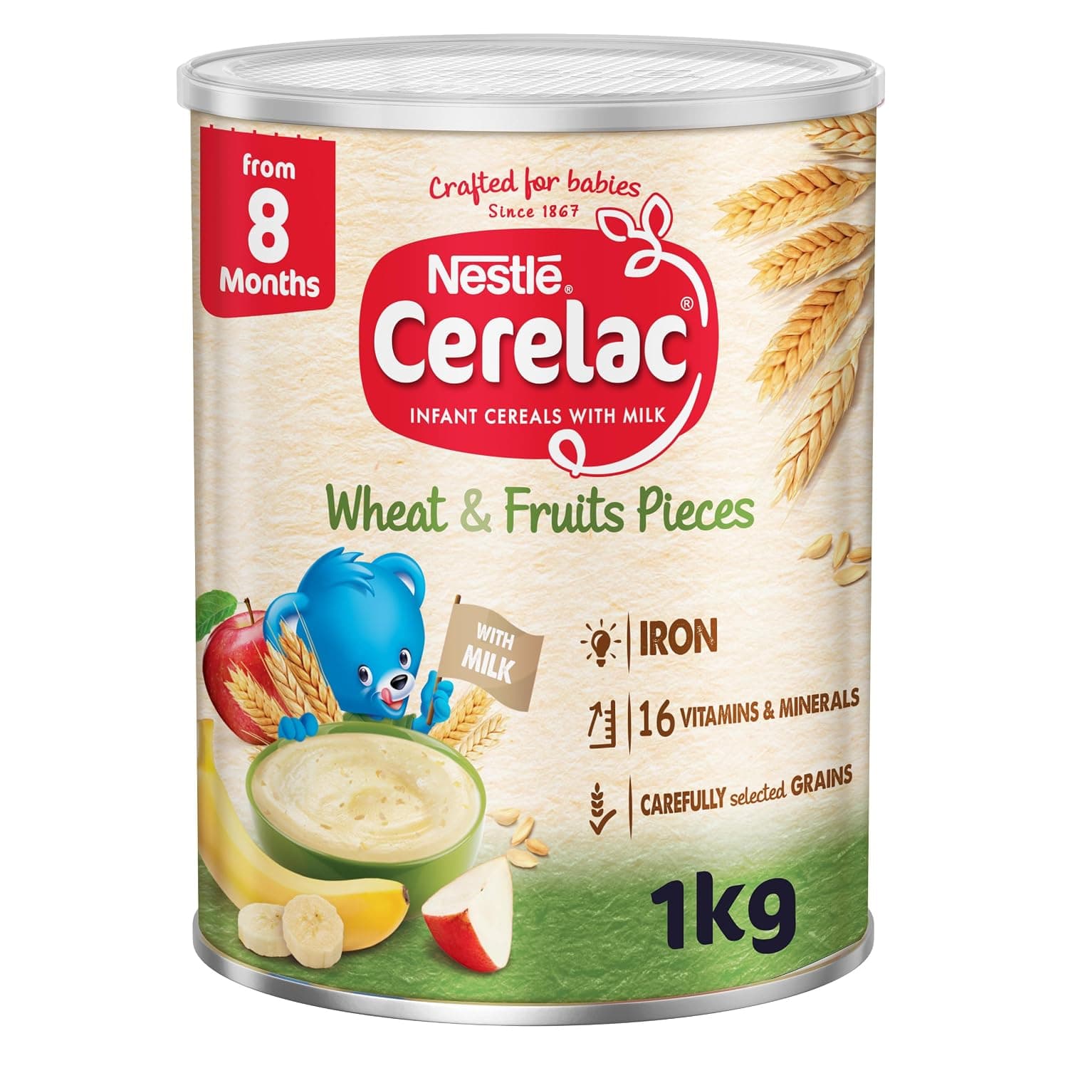 Nestle Cerelac Wheat And Fruit Pieces Baby Cereal Food, From 8 Months, Tin 1Kg