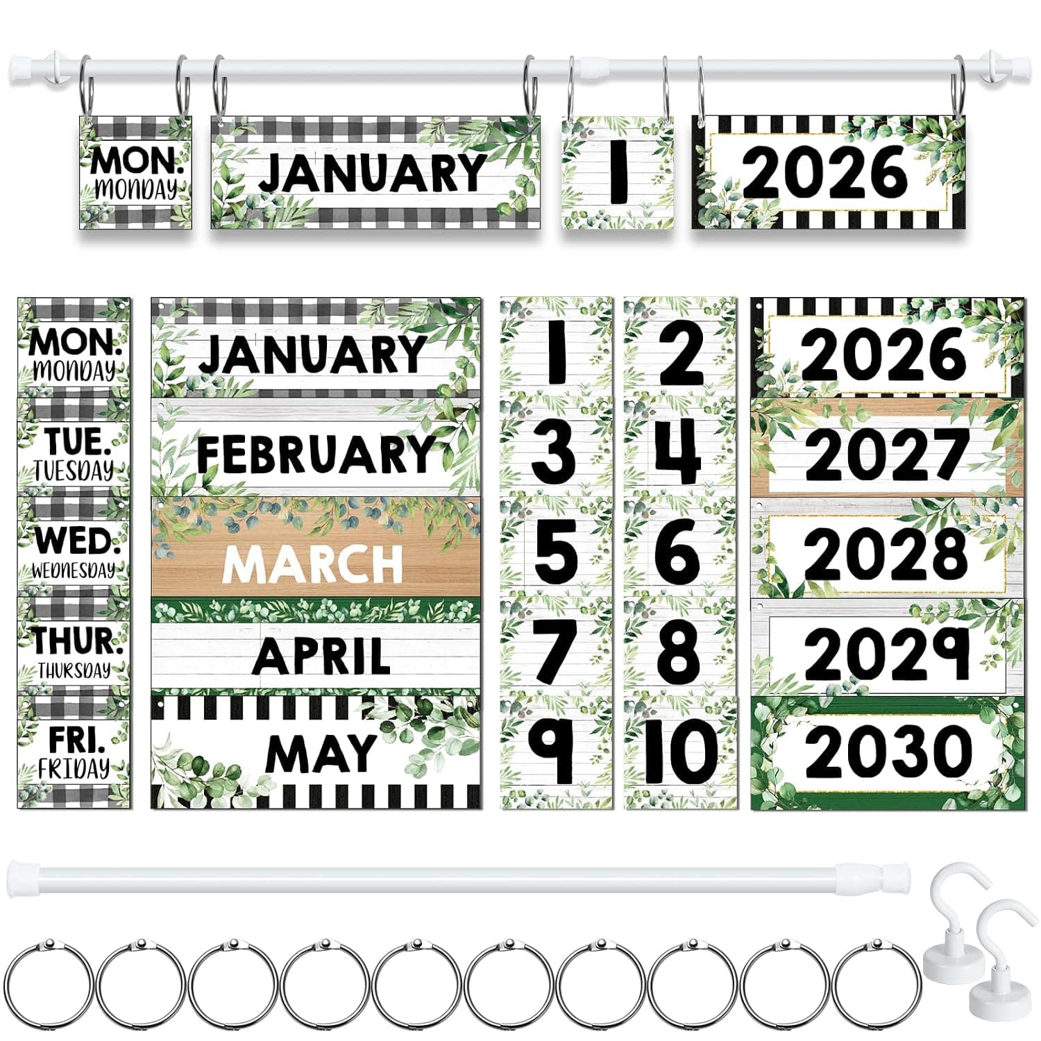Eucalyptus Flip Calendar for Classroom, Greenery Flip Calendar with Adjustable Holder, Farmhouse Classroom Calendar Set with 60 Cards for Preschool Elementary Home Classroom Must Haves Supplies