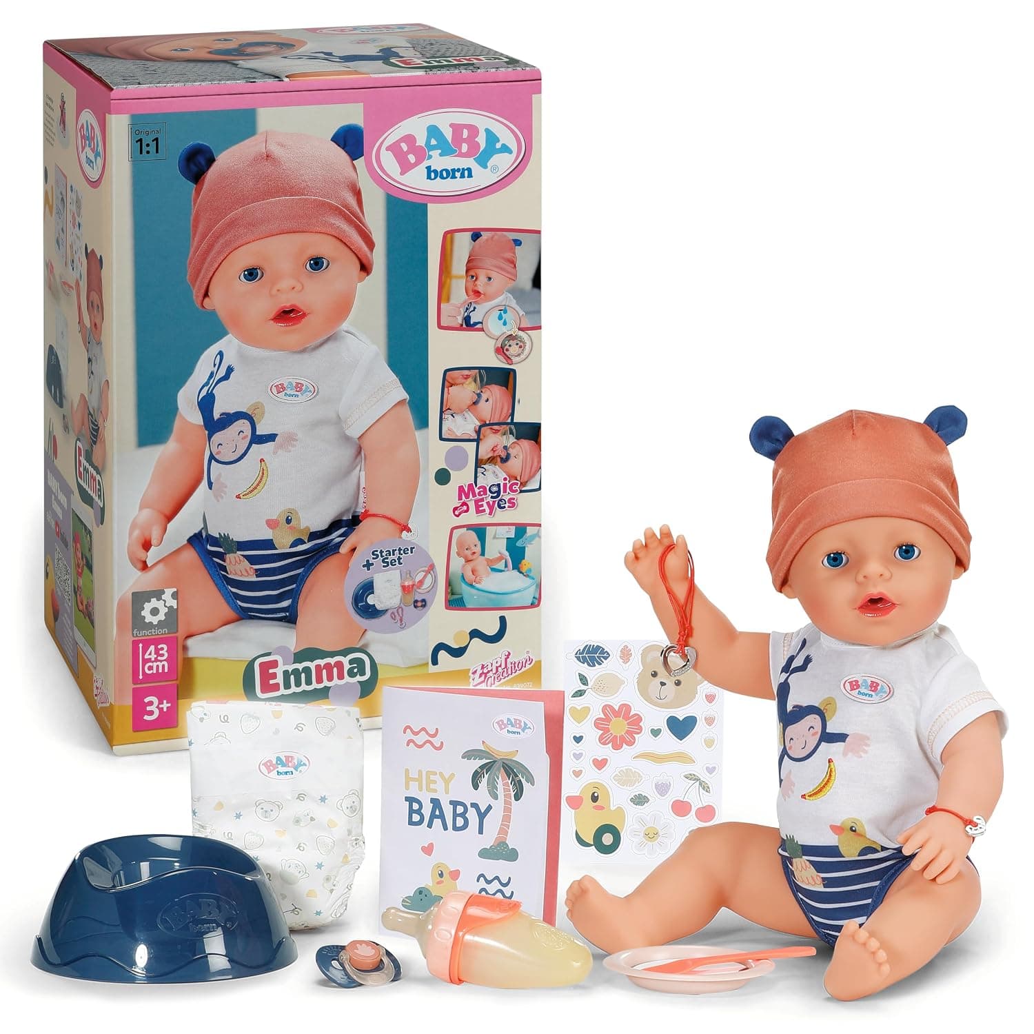 BABY Born Emma Jungle Style 43 cm Baby Doll 10 Functions Including Accessories & Rompers in Unisex Colours Works without Batteries Suitable for Children from 3 Years