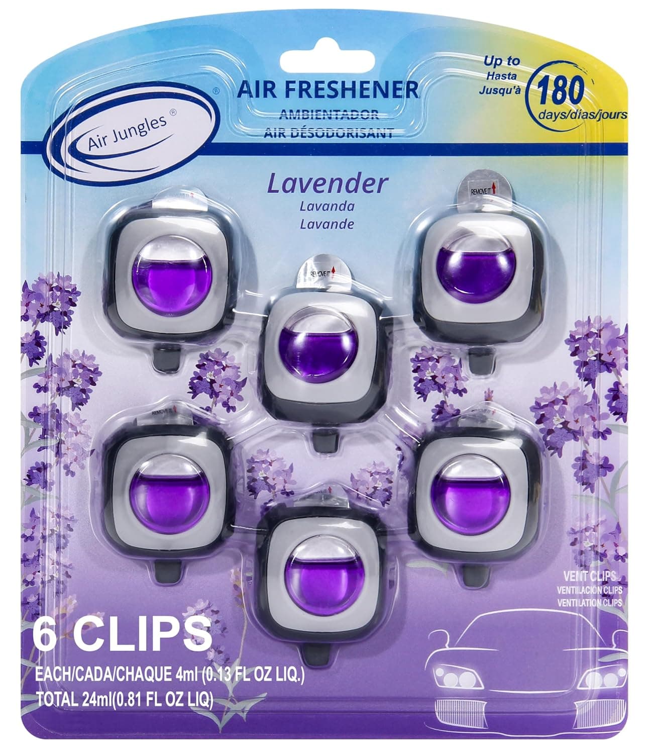 Air Jungles Lavender Zen Scent Car Air Freshener Clip, 6 Car Freshener Vent Clips, 4ml Each, Long Lasting Air Freshener for Car, Up to 180 Days Car Refresher Odor Eliminator