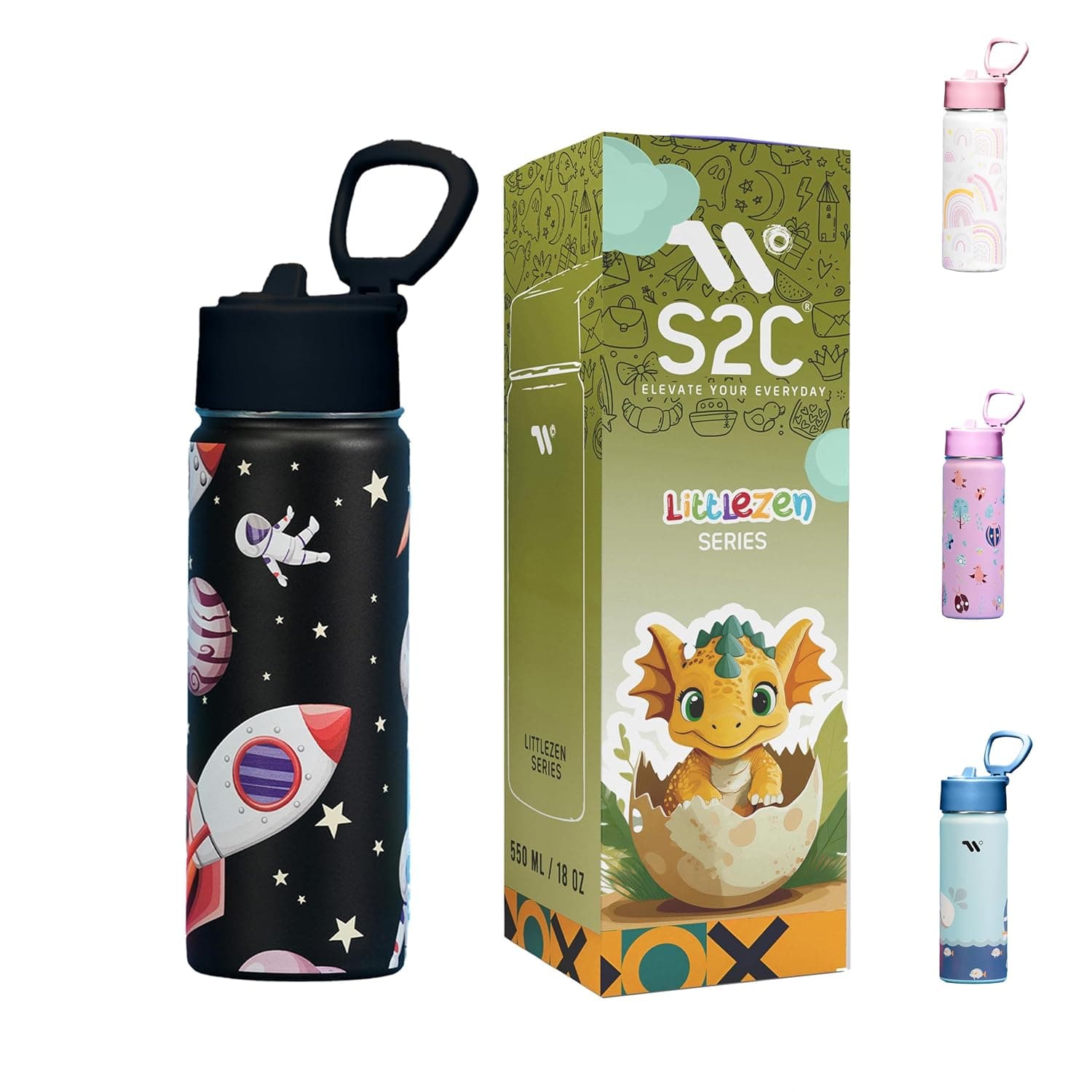 S2C - Kids Water Bottle for School - 550ml Stainless Steel, Leakproof, BPA-Free, Insulated for Hot & Cold Drinks, Perfect for Boys & Girls, Durable, Safe & Eco-Friendly (BLACK SPACE)