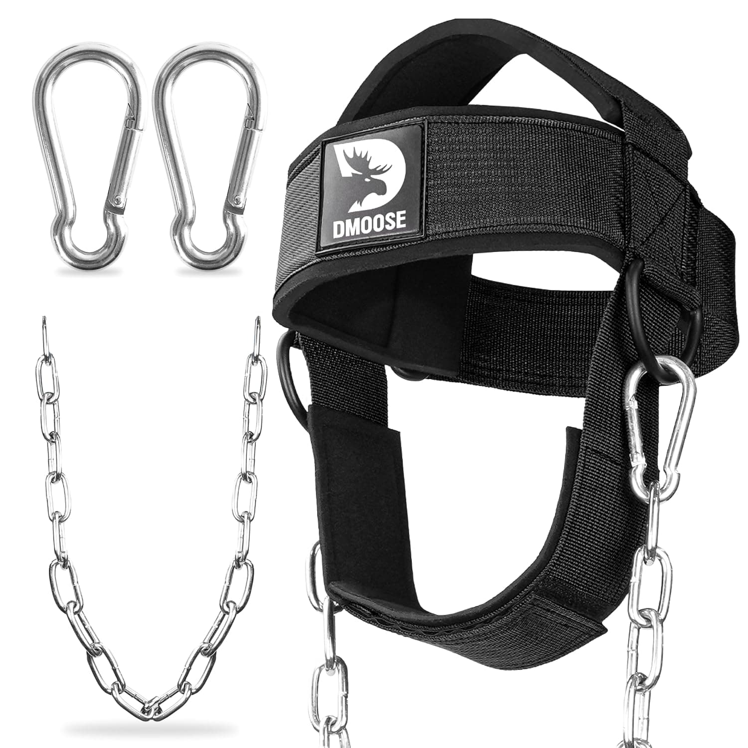 DMoose Neck Harness for Weight Lifting, Resistance Training, Head harness for Injury Recovery with Long Steel Chain and Neoprene Head Cap, Neck Trainer to Improve Muscle Strength