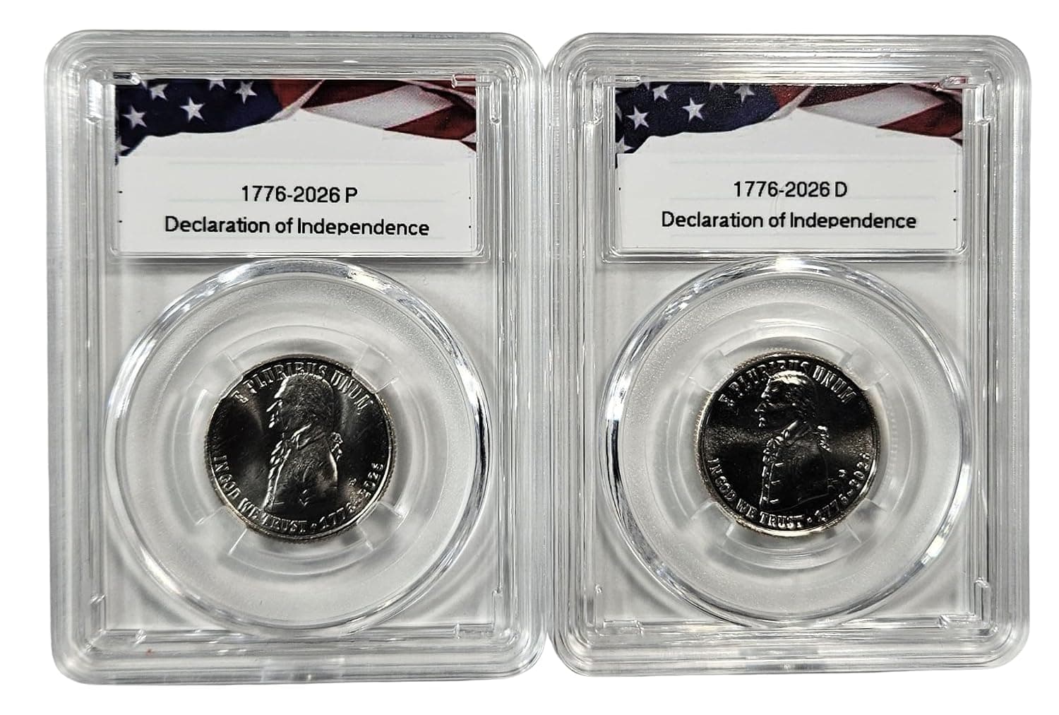 1776-2026 P & D Declaration of Independence Semiquincentennial Quarter Set, Uncirculated in Protective Acrylic Cases | P & D Mint Marks, Commemorative Coins, 250th Anniversary, 2-Coin Set, US Quarter Collection