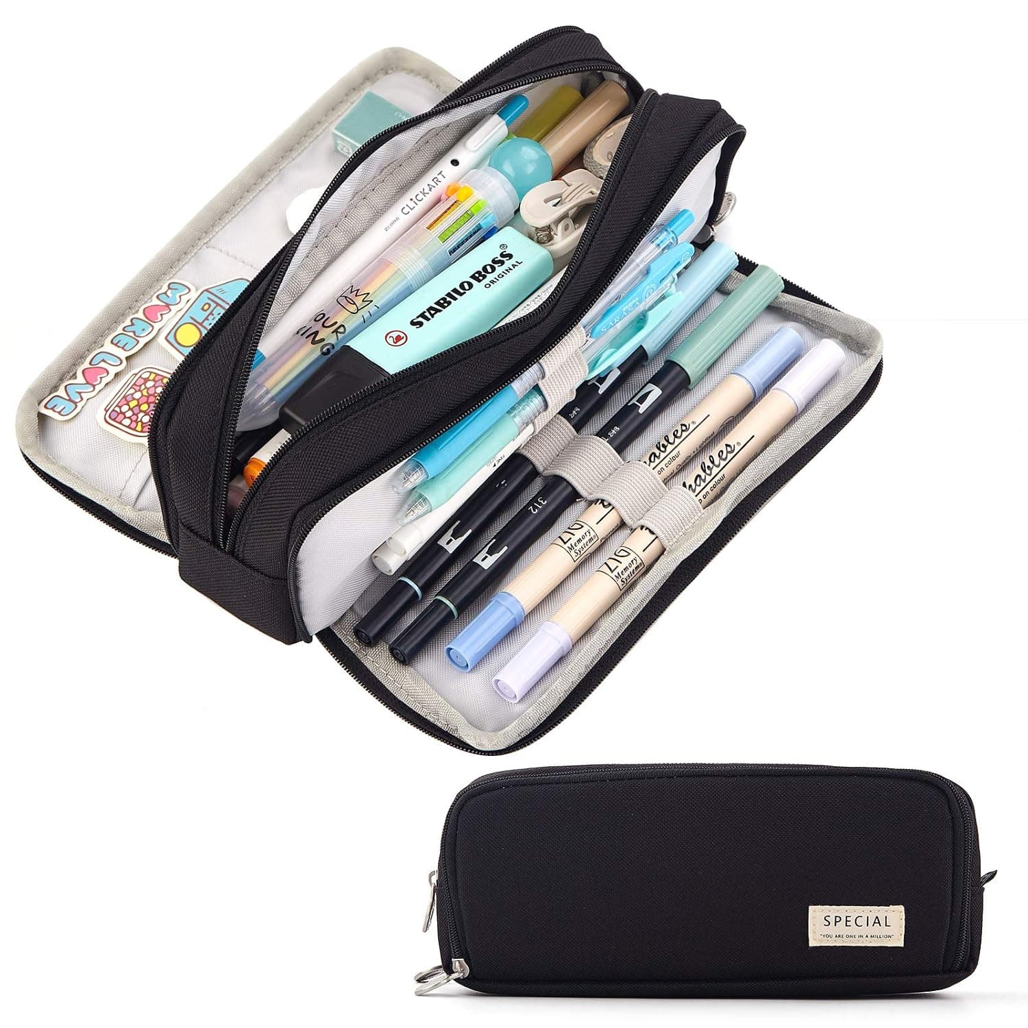 Large Capacity Pencil Case 3 Compartment Pouch, Pen Bag for School Teen Girl Boy Men Women (Black)