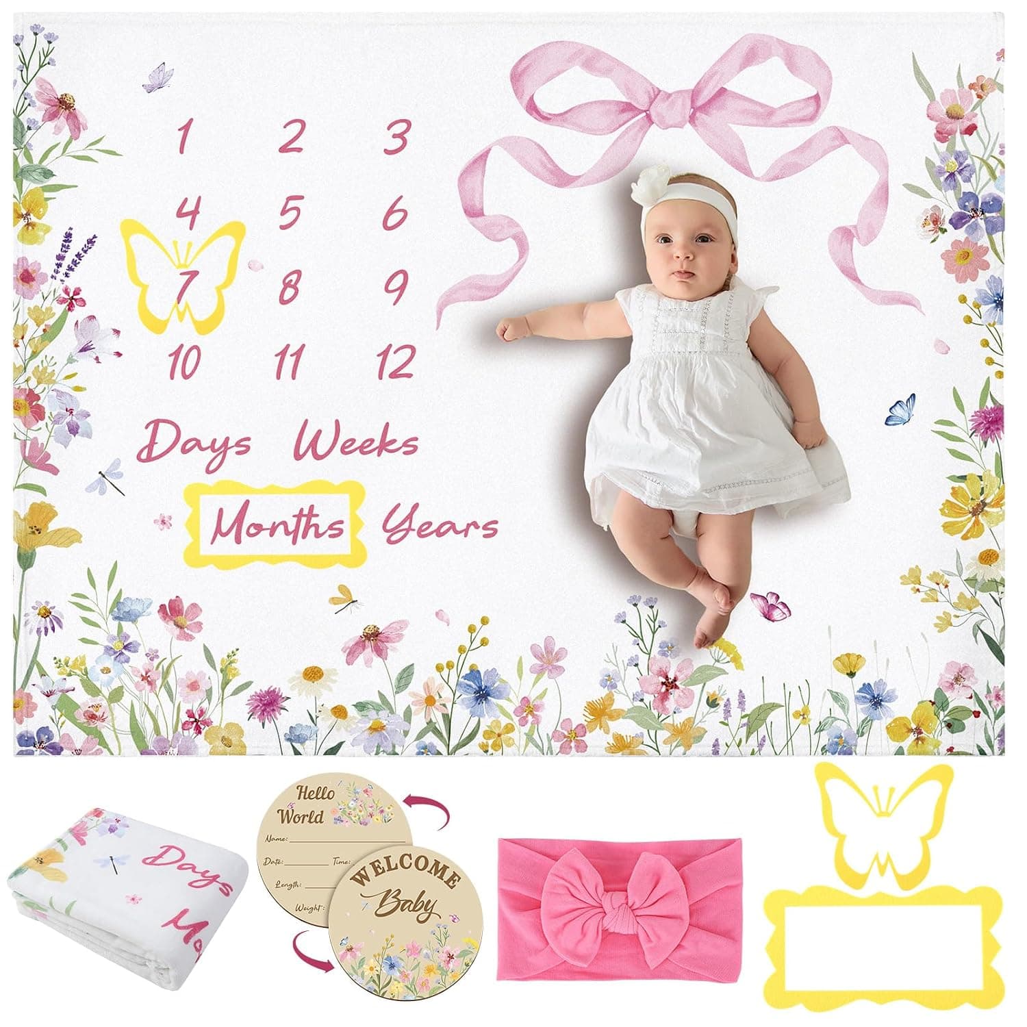 GSrenyu Baby Milestone Blanket Flannel Monthly Milestone Blanket with Floral Print and Bow,Photo Prop for Newborn Boys and Girls,Includes Felt Frame | with Age Map;Felt Frame;Flannel Blankets Photo Prop;for Newborn Boys and Girls