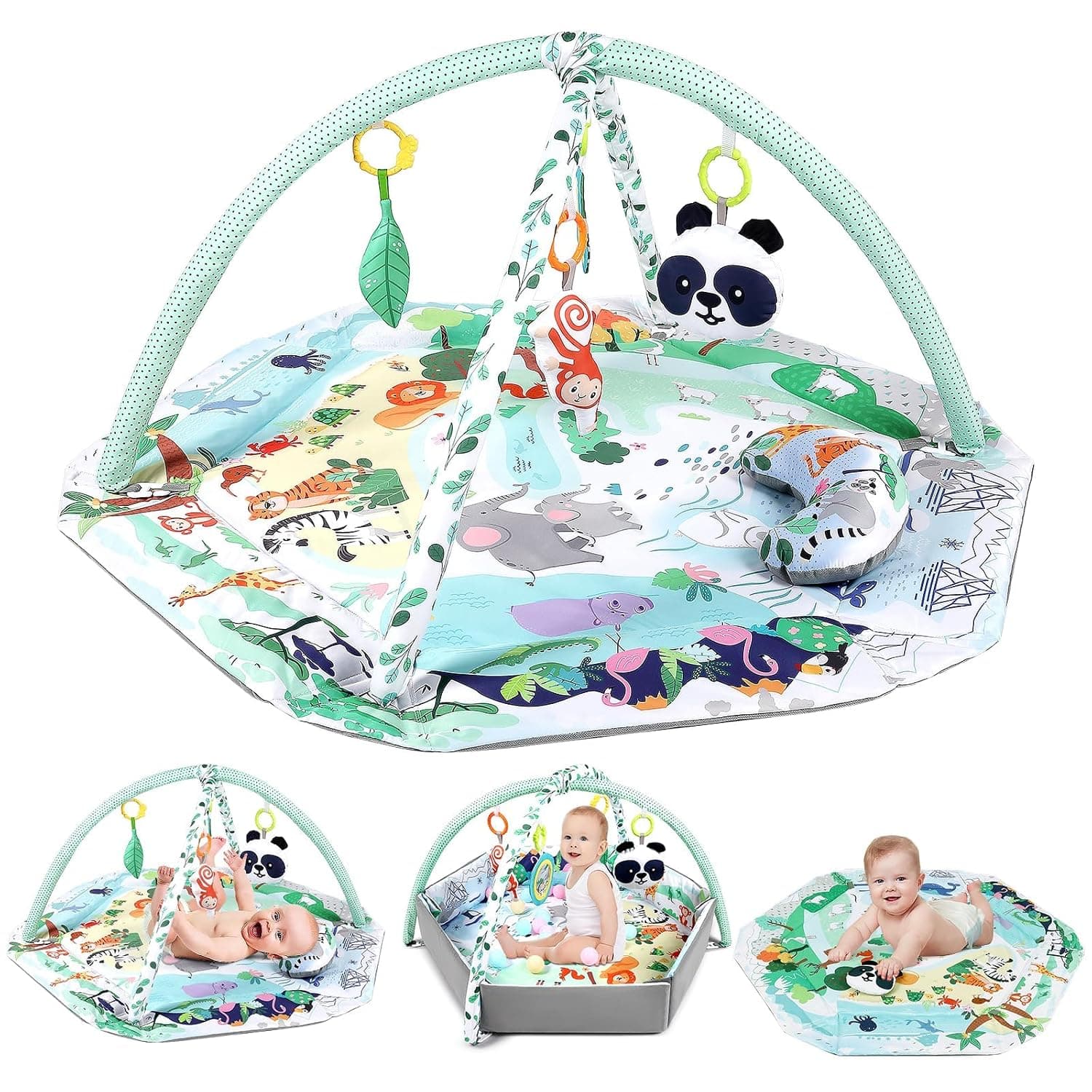 Baby Play Mat, Baby Play Gym, Newborn Play Baby Mats for Floor with 6 Toys & 18 Ocean Balls, Foldable Detachable Zoo Design Baby Gym Develop Motor&Cognition, Suitable for Babies Aged 0-18 Months