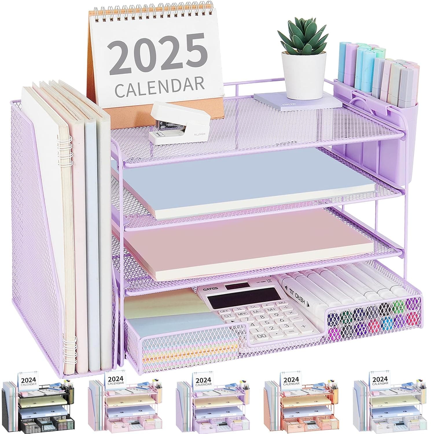 OPNICE Desk Organizer, 4-Tier Desktop File Organizer with Drawer and 2 Pen Holders, Office Desk Accessories, File Sorters, Workspace Organizers for Office Supplies(Purple)