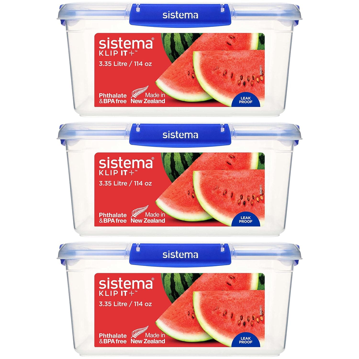 Sistema KLIP IT PLUS Food Storage Containers, 3.35 L, Leak-Proof, Stackable & Airtight Fridge/Freezer Containers with Lids, BPA-Free Plastic, Blue Clips, 3 Count