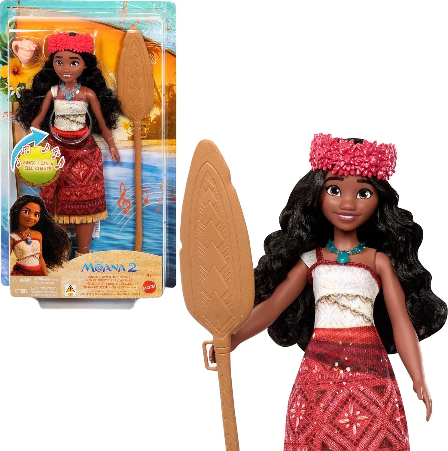 Mattel Disney Moana 2 Singing Adventure Moana Doll with Signature Outfit & Accessories, Sings “We’re Back” in English, JBT37 | Posable Fashion Doll in Removable Outfit with 5 Accessories, Including Oar & Conch Shell, Inspired by Moana 2