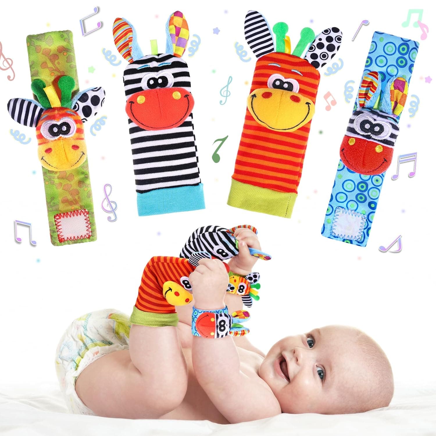 PADONISE Wrist Rattle Foot Finder Socks Set Arm Hand Bracelet Rattle Feet Leg Ankle Socks Newborn Soft Sensory Toy Baby Socks Newborn Wrist Rattles for Babies 0-6 Months Infant Baby Gift 6-12 Months