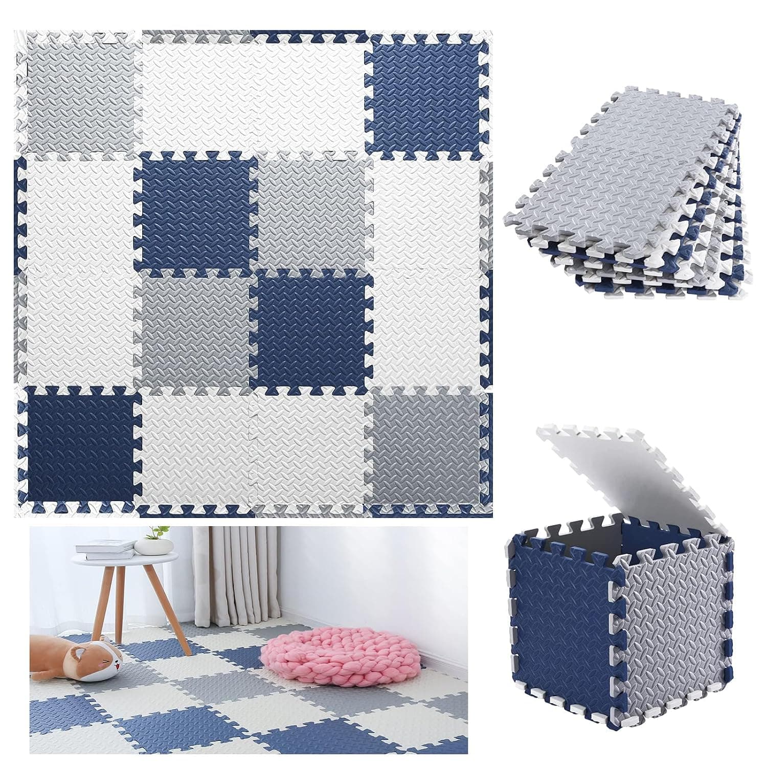 EOGILY 16 Tiles EVA Foam Play Mat, 1cm Thicked Interlocking Kids Floor Mats, Soft Non-Toxic Baby Play mats for Gym, Nursery, Playroom, Squares Foam Floor Mats for Kids Toddlers, & Babies