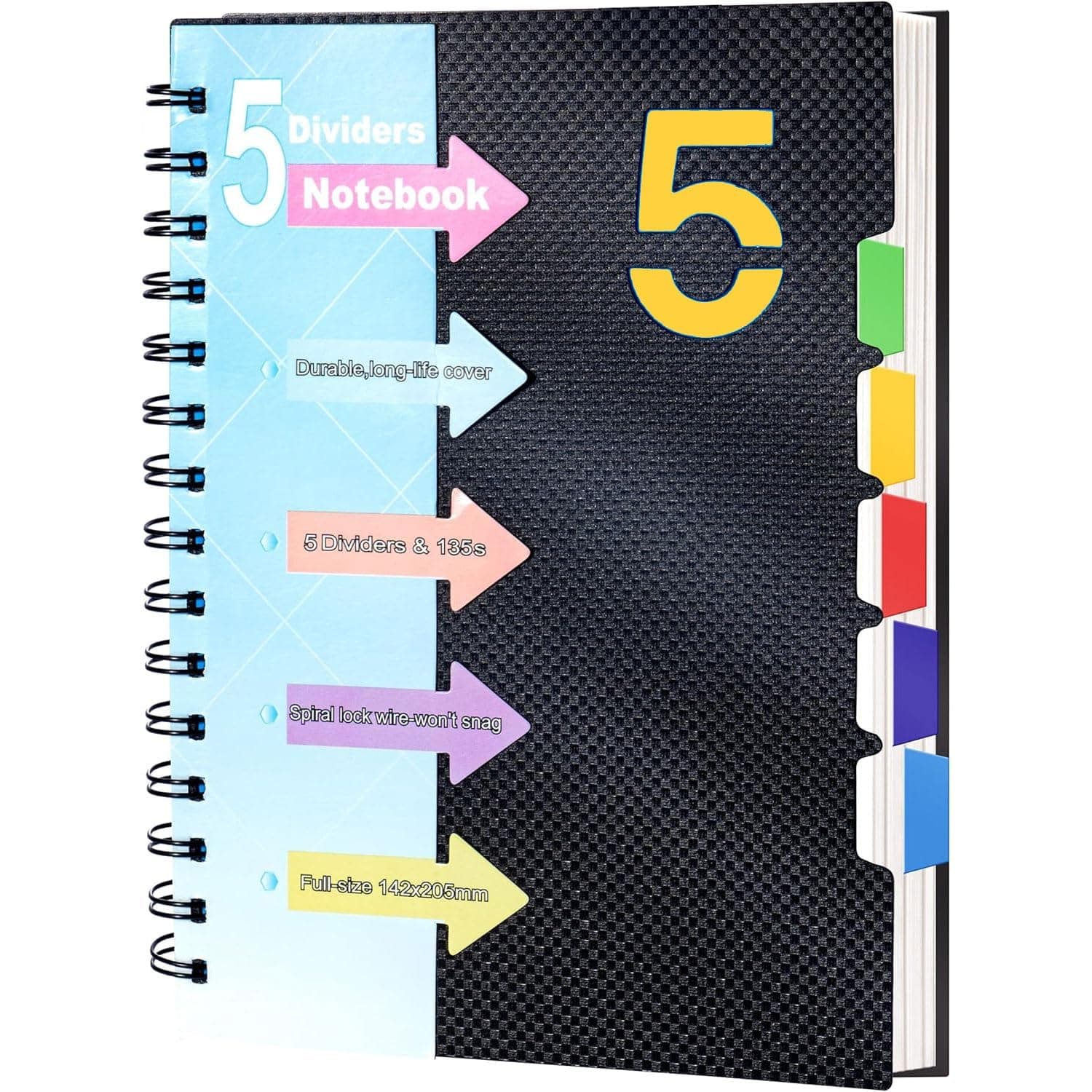 A5 Spiral Notebook with Tabs, 6x8in Hardcover Notebooks College Ruled with Dividers Tabs, 220Pages/110Sheets, Large Thicken Spiral Bound Journal for Work School Office Supplies Note Taking (Black)