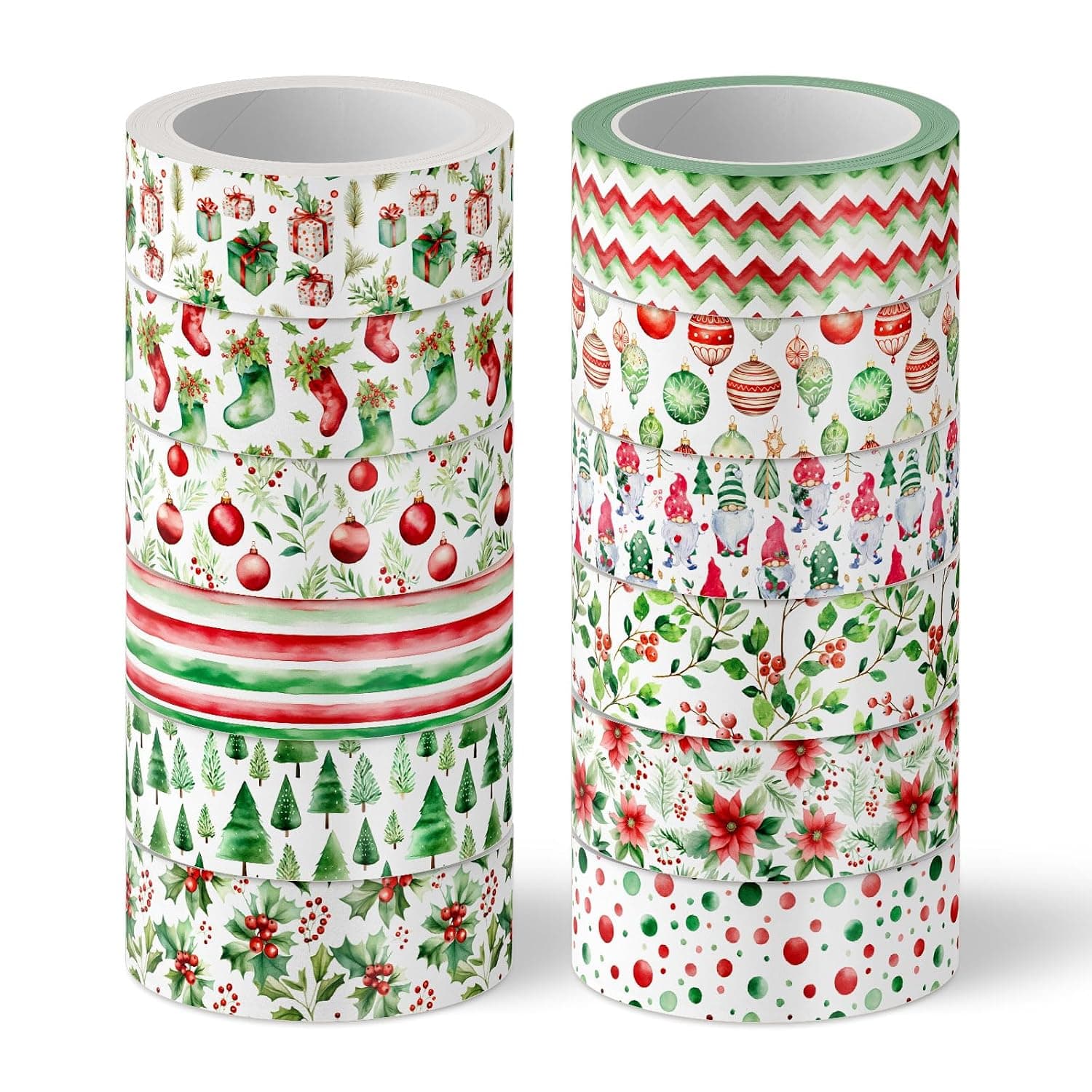 Whaline 12 Rolls Christmas Washi Tape Watercolor Xmas Tree Poinsettia Flower Holly Berry Decorative Masking Tape for Scrapbook Journal DIY Art Craft Gift Wrapping