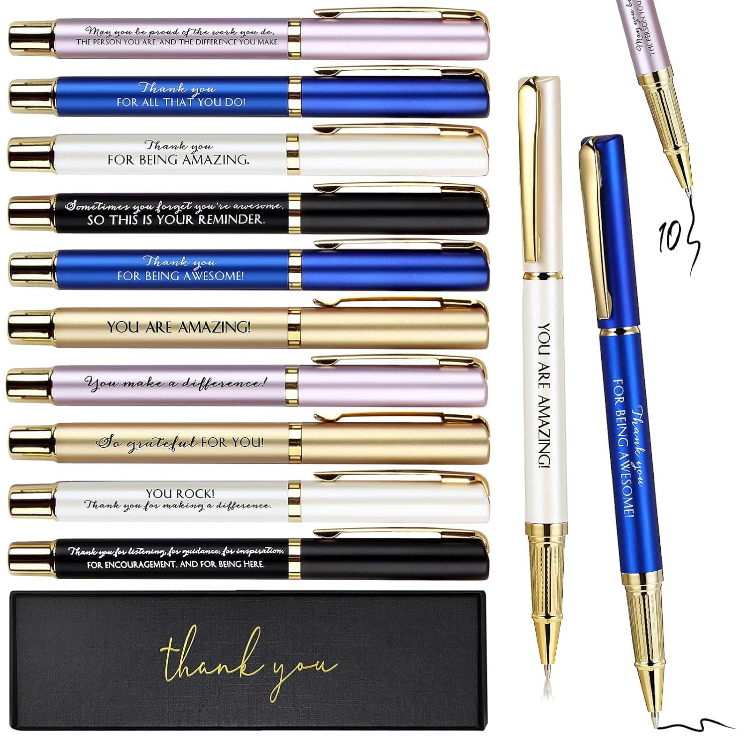 PerKoop 10 Pcs Motivational Quote Ballpoint Pens with Gift Boxes, Multicolor, Mixed | Inspirational Pens Bulk, Employee Coworker Appreciation Party Favors, Back to School Gifts for Teachers, Office Supplies