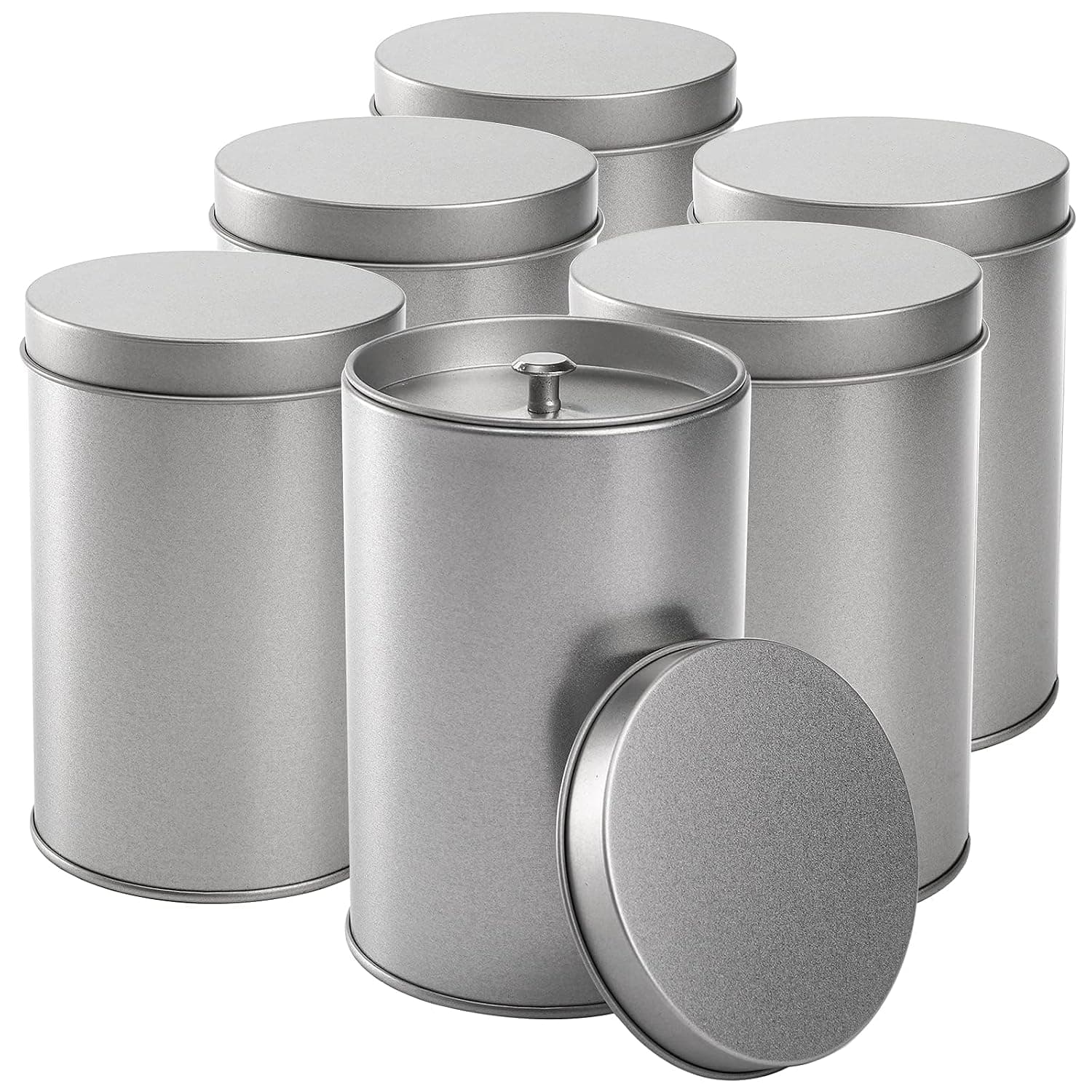 Tazweeq 6 Pcs Tea Tin Canister with Airtight Double Lids, 12 oz Can Box Canister for Loose Leaf Tea Storage Bag Container Portable Small Kitchen for Coffee Sugar Pantry Camping, Silver