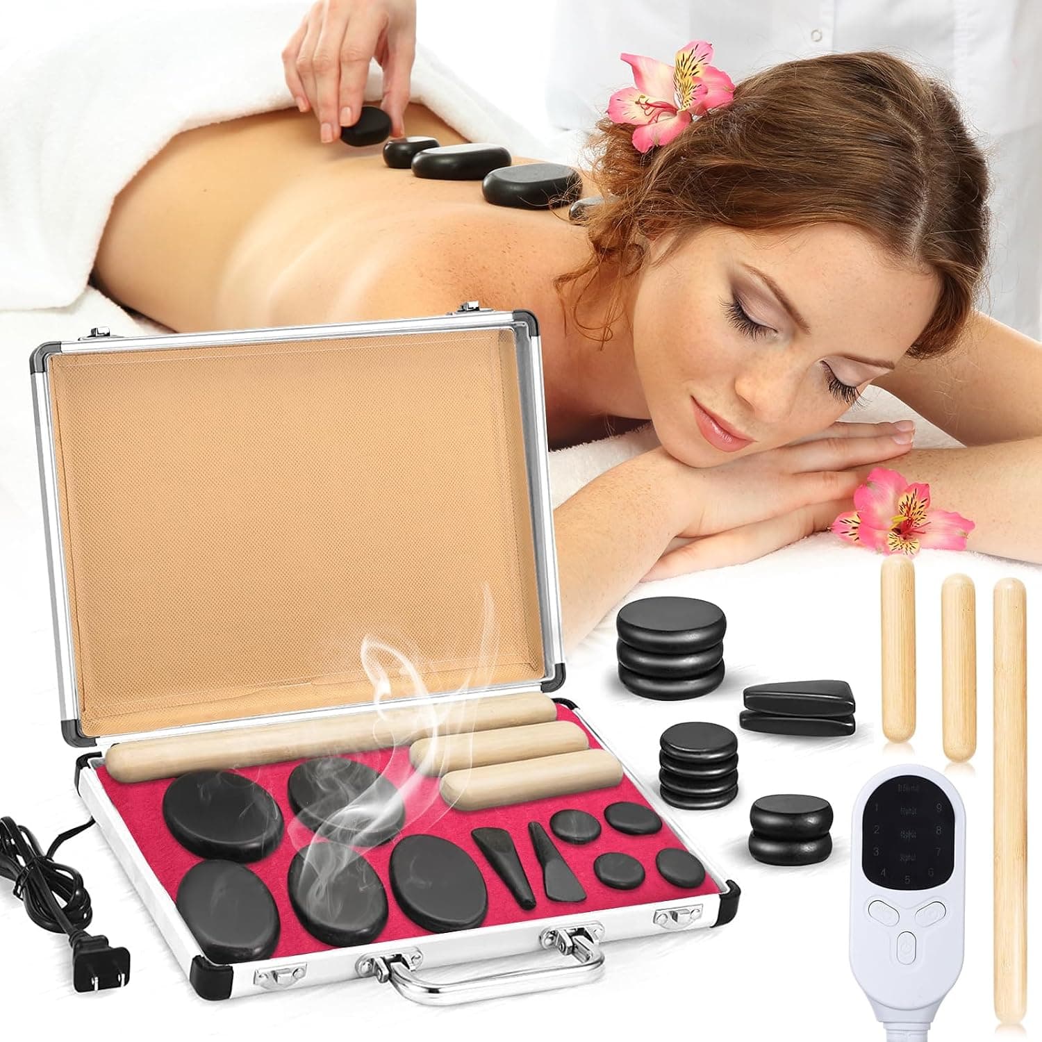 Yunsailing Hot Stones Massage Set with Warmer Kit Hot Rocks Massage Heater Kit with Adjustable Temperature Basalt for Home Spa, Pain Relief, and Relaxation (11 Stones and 3 Sticks)
