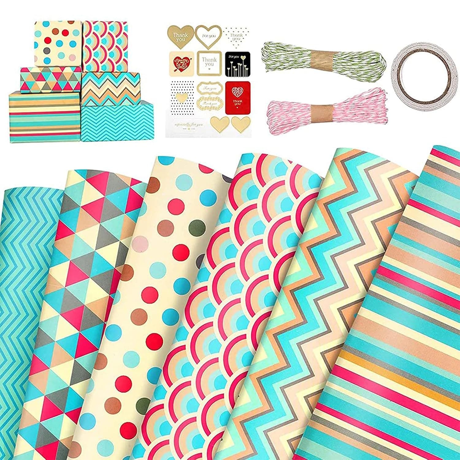 Xspring Gift Wrapping Paper, 6 PCS 50 X 70 Cm Birthday Wrapping Paper Sheet, Wrapping Paper for Birthday Gift with Ribbon, Sticker and Tape, Gift Wrap for Girls, Boys and All Occasion