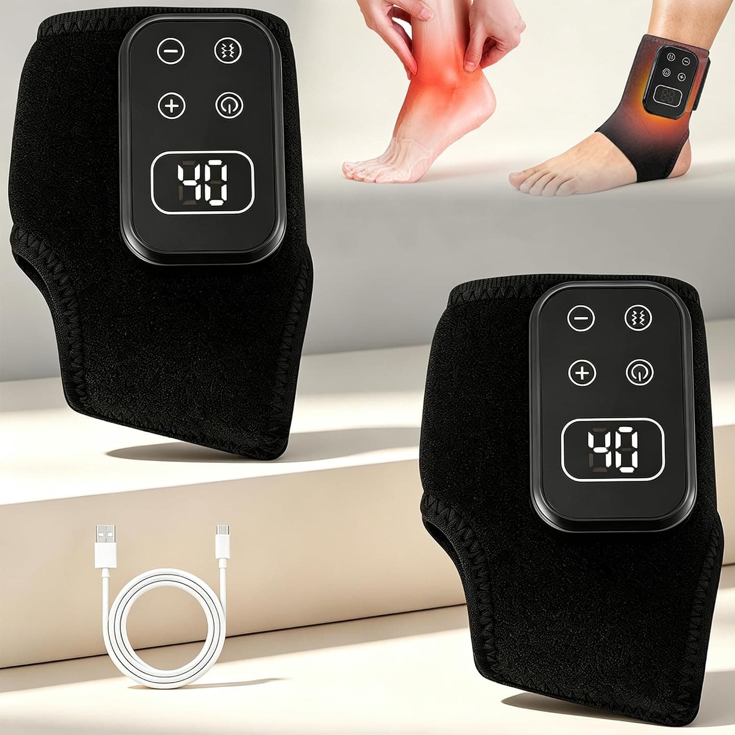 Wireless Foot Massager 3-in-1 with Heat, 5 Vibration & 6 Heat Levels - Foot and Ankle Massager for Heel & Sole Relaxation, Rechargeable with Carry Bag (Black, Pack of 2)