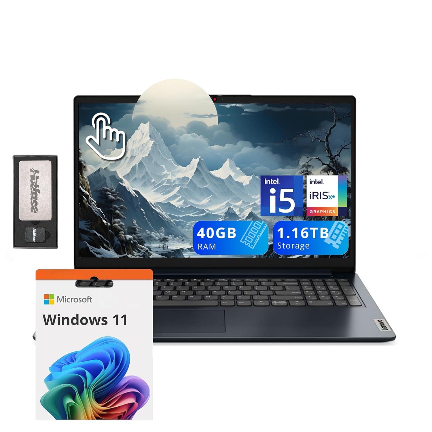 Lenovo IdeaPad 1i 15.6" FHD Touchscreen Laptop, Intel i5-1235U, 40GB RAM, 1.16TB Storage(1TB SSD+160GB Docking Station Set), Intel Iris Xe Graphics, Num Pad, Dolby Audio, Wi-Fi 6, Win 11, Abyss Blue