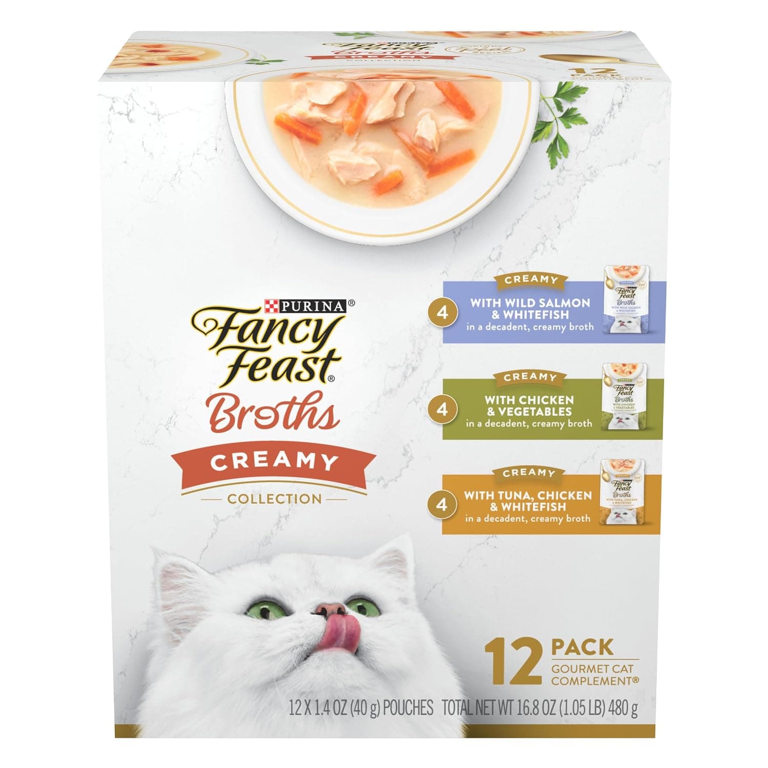 Purina Fancy Feast Lickable Broth Topper Complement Creamy Wet Cat Food Variety Pack - (Pack of 12) 1.4 oz. Pouches | Variety Pack with lickable broth topper. Contain no by-products, artificial flavors, colors or preservatives
