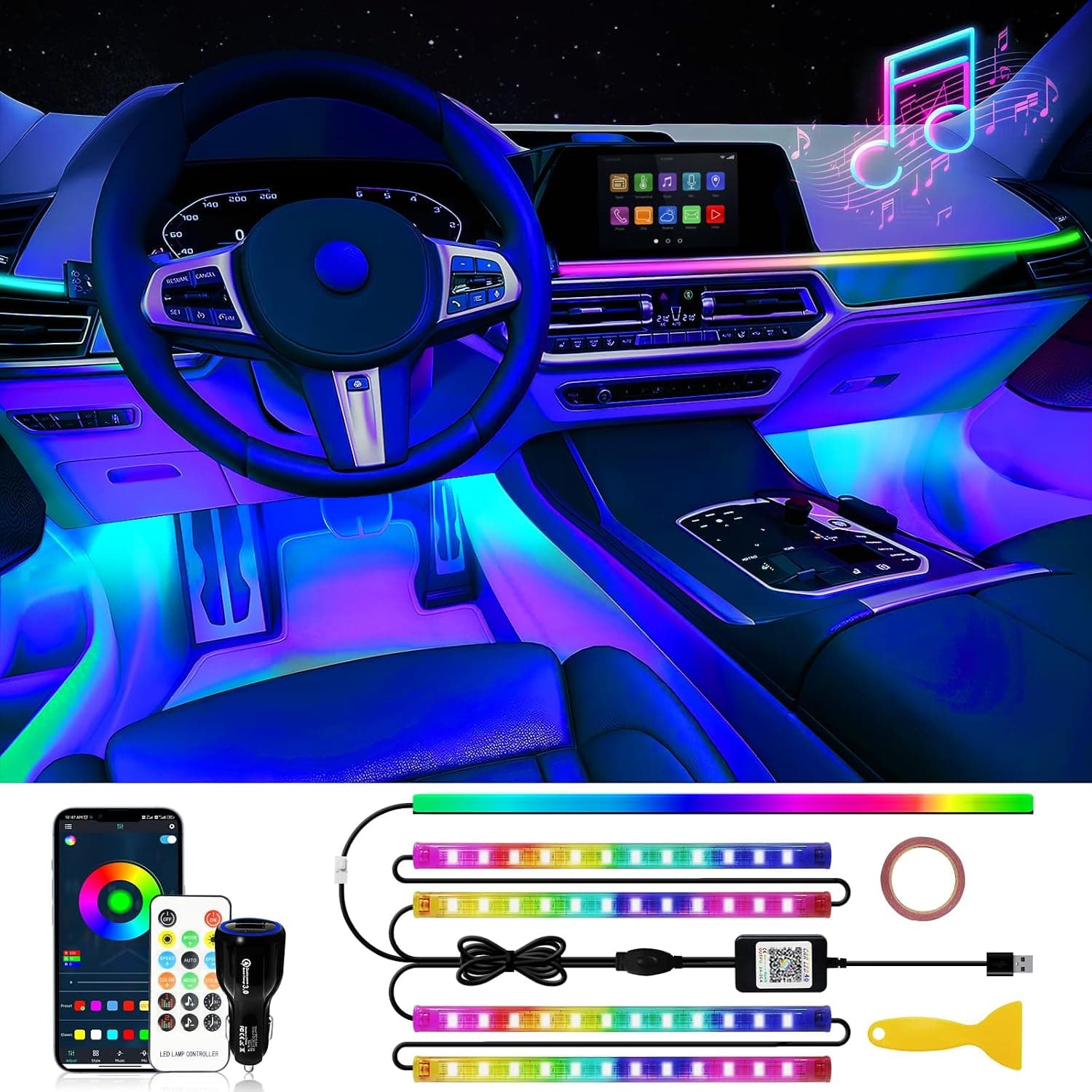 DUOFU365 Car Led Light Interior, RGB Dreamcolor Inside Light Music Sync | Under Dash Footwell Automotive Strip Light, 12V Acrylic Strip Light for Vehicle, Truck,Jeep, SUV with Car Charger(1set)