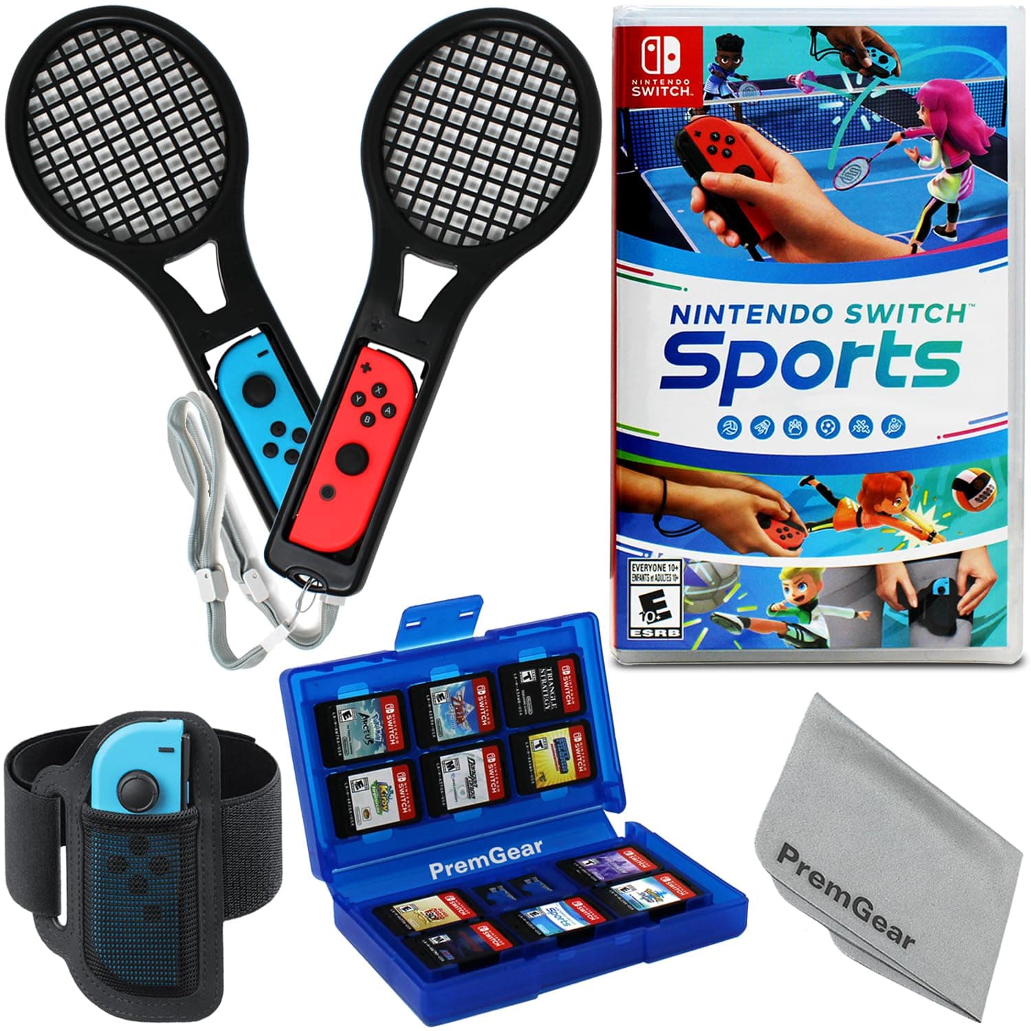 Nintendo Switch Sports Switch with Leg Strap accessory, 2 Tennis Rackets, 24 Slot Game Card Holder & PremGear Cleaning Cloth