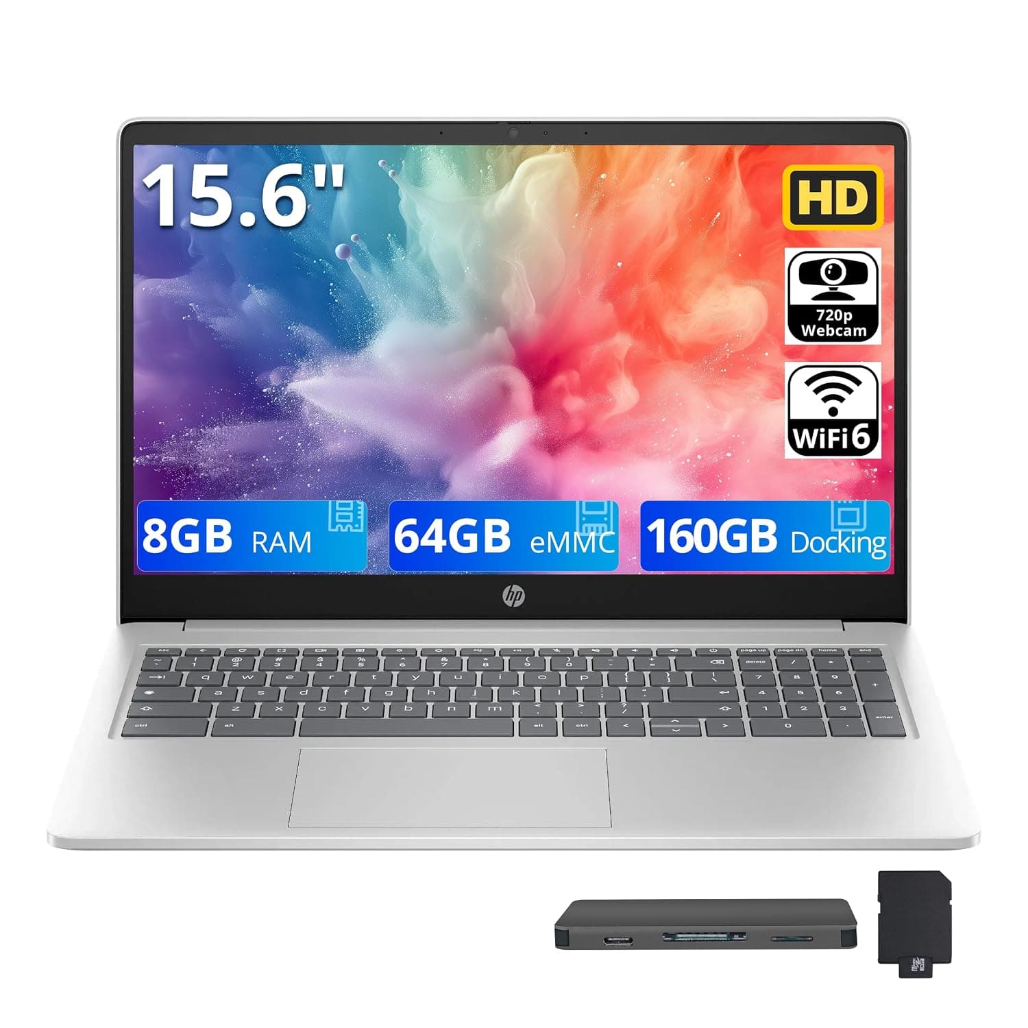 HP 15.6" HD Chromebook Laptop, Intel Processor N200, 8GB LPDDR5, 224GB Storage (64GB eMMC+160GB Docking Station Set), Intel UHD Graphics, HD 720p Webcam, Numeric Keypad, Wi-Fi 6, Chrome OS, Silver