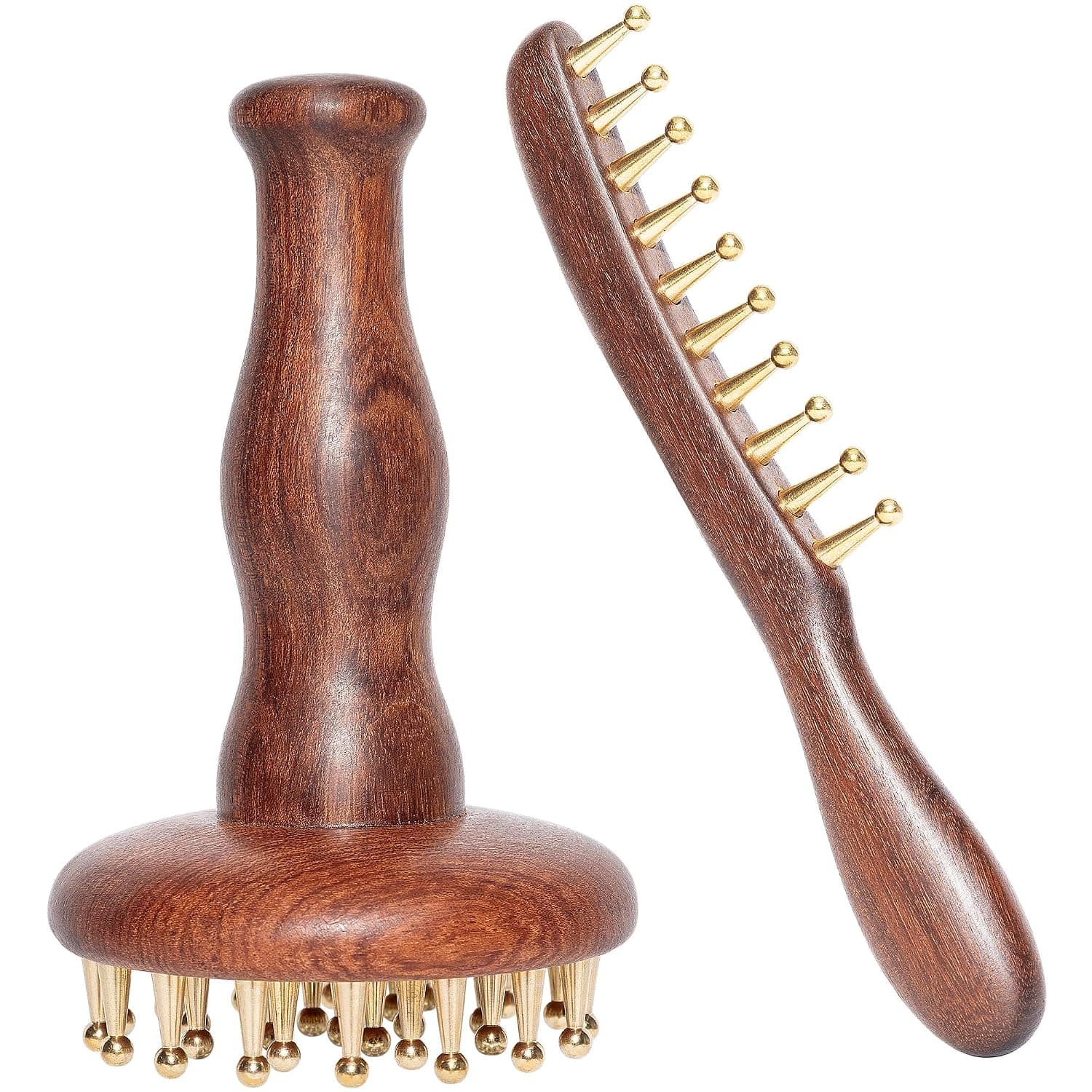 2 in 1 Brass Copper Meridian Massage Tool Set, 29 Teeth Meridian Massage Brush and Wide Tooth Scalp Massage Comb, Sandalwood Handheld Massager for Head Neck Shoulder Abdomen Home SPA Self Care