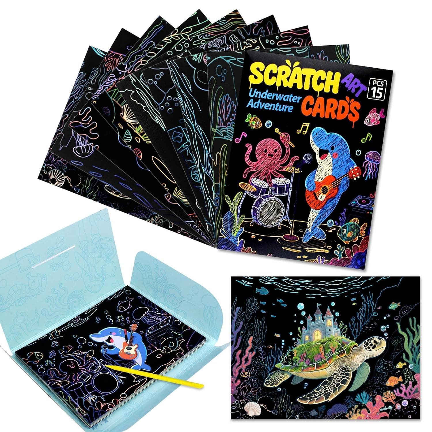 Magic Scratch Paper Art Set, Underwater World Adventure Theme Drawing Art Book with Scratching Tools Kit, Foil Engraving Scratch Adult Kids, DIY Arts and Crafts Kits (15 Pcs)