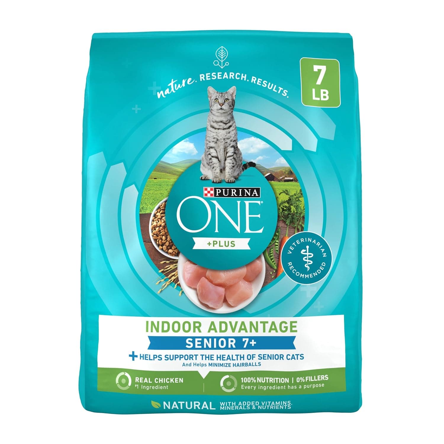Purina ONE Indoor Advantage Senior Dry Cat Food, High Protein, 7 lb Bag | Made with real chicken and a natural fiber blend that helps minimize hairballs and supports immune health for senior cats