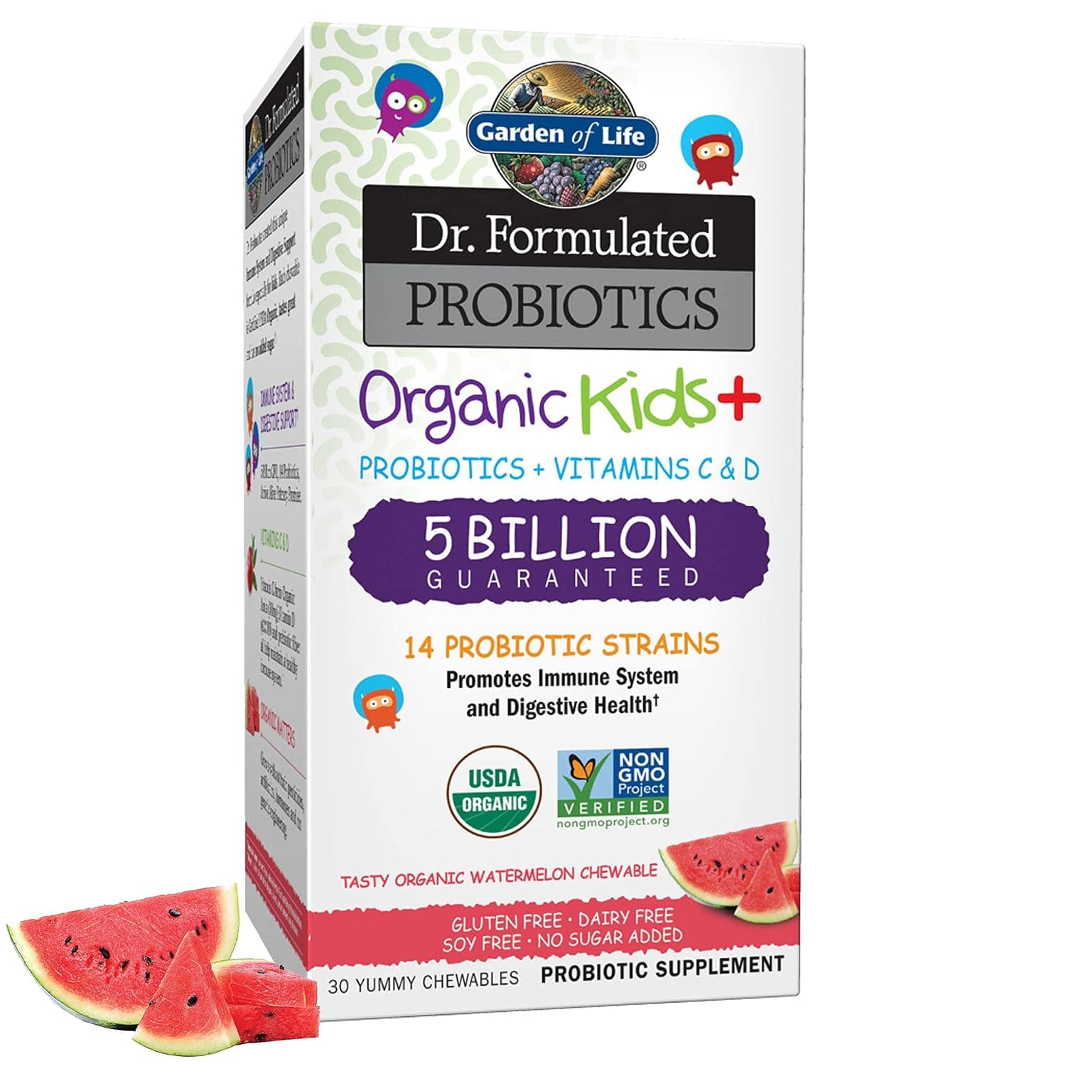 Garden of Life Dr. Formulated Probiotics Organic Kids+ - Digestive Health Support with Prebiotic Fiber & Vitamins C & D - Supports Immune Function - Watermelon, 30 Yummy Chewables