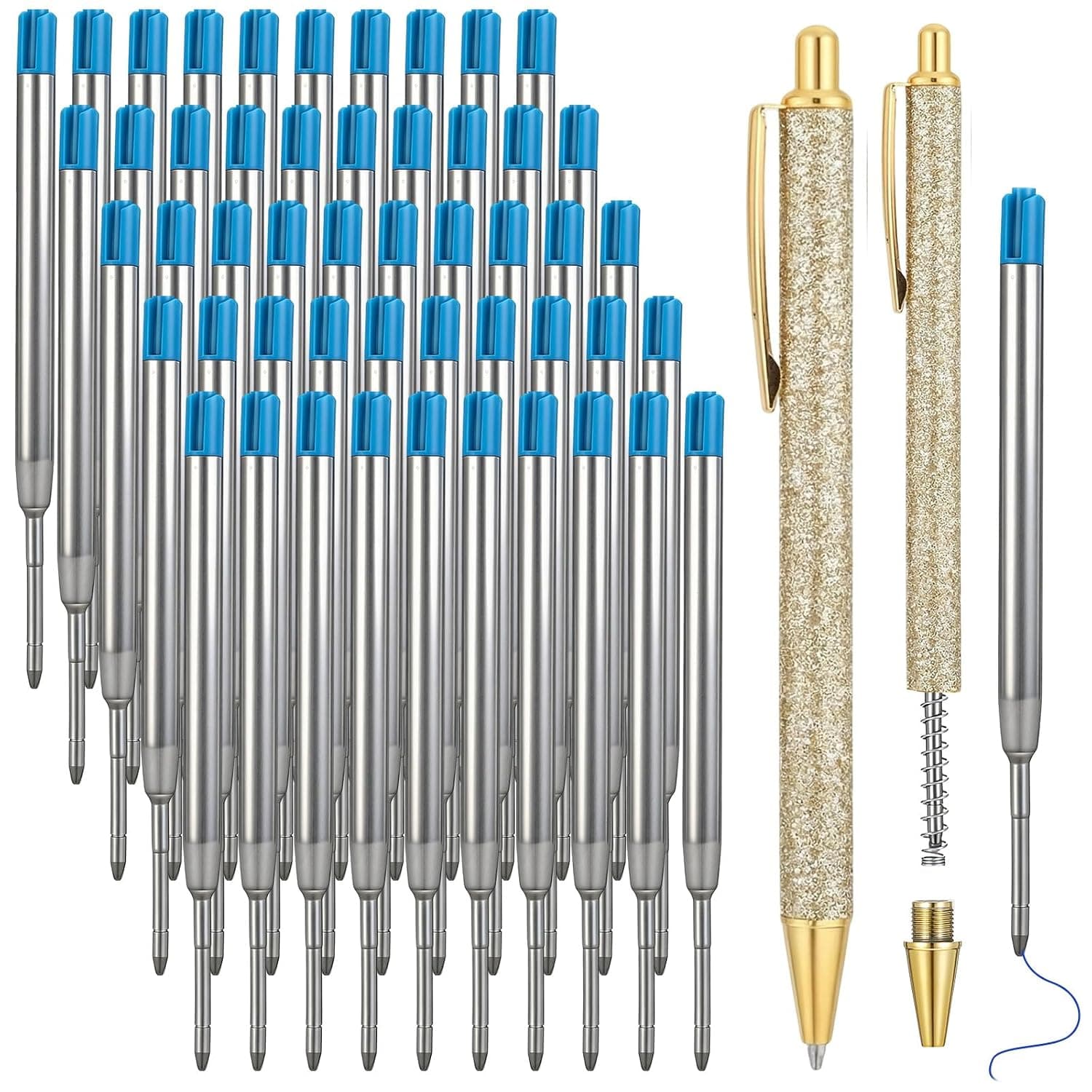 Sherr 50 Pack 3.9'' Replaceable Ballpoint Pen Refills for Metal Glitter Click Pens 1mm Medium Point Ballpoint Ink Refills Bulk Smooth Writing for Office Supplies(Blue Ink)