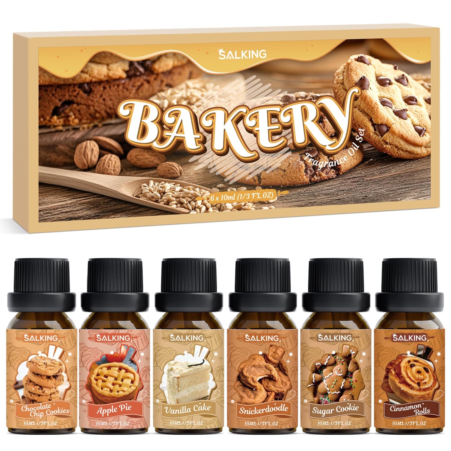 SALKING Bakery Fragrance Oils, Essential Oils Set for Diffuser for Home | Diffuser Oil for Candle Making Scents, Chocolate Cookies, Apple Pie, Cinnamon Rolls, Vanilla Cake, Snickerdoodle,Sugar Cookie