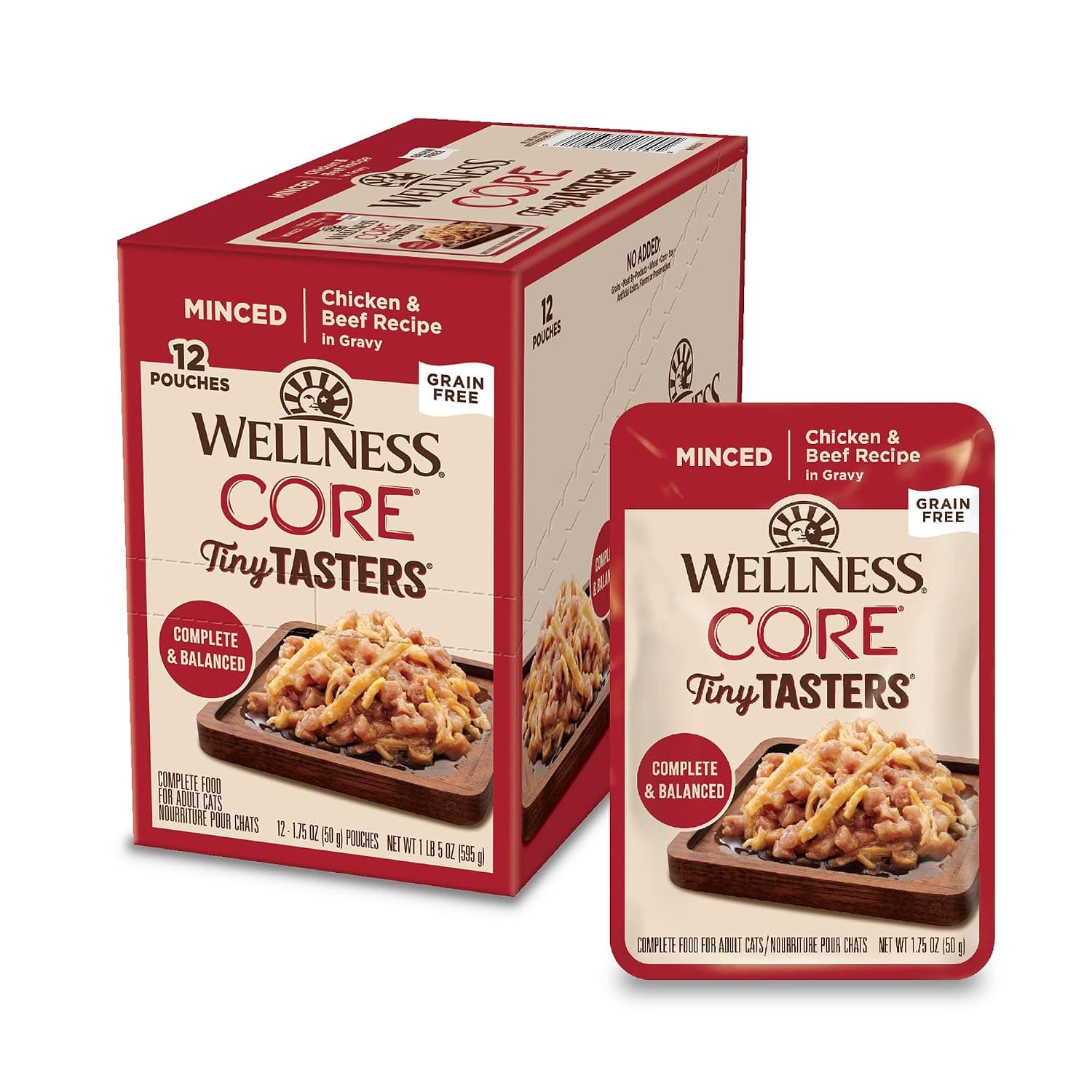 Wellness CORE Tiny Tasters Wet Cat Food, Complete & Balanced Natural Pet Food, Made with Real Meat, 1.75-Ounce Pouch, 12 Pack (Adult Cat, Minced Chicken & Beef in Gravy)