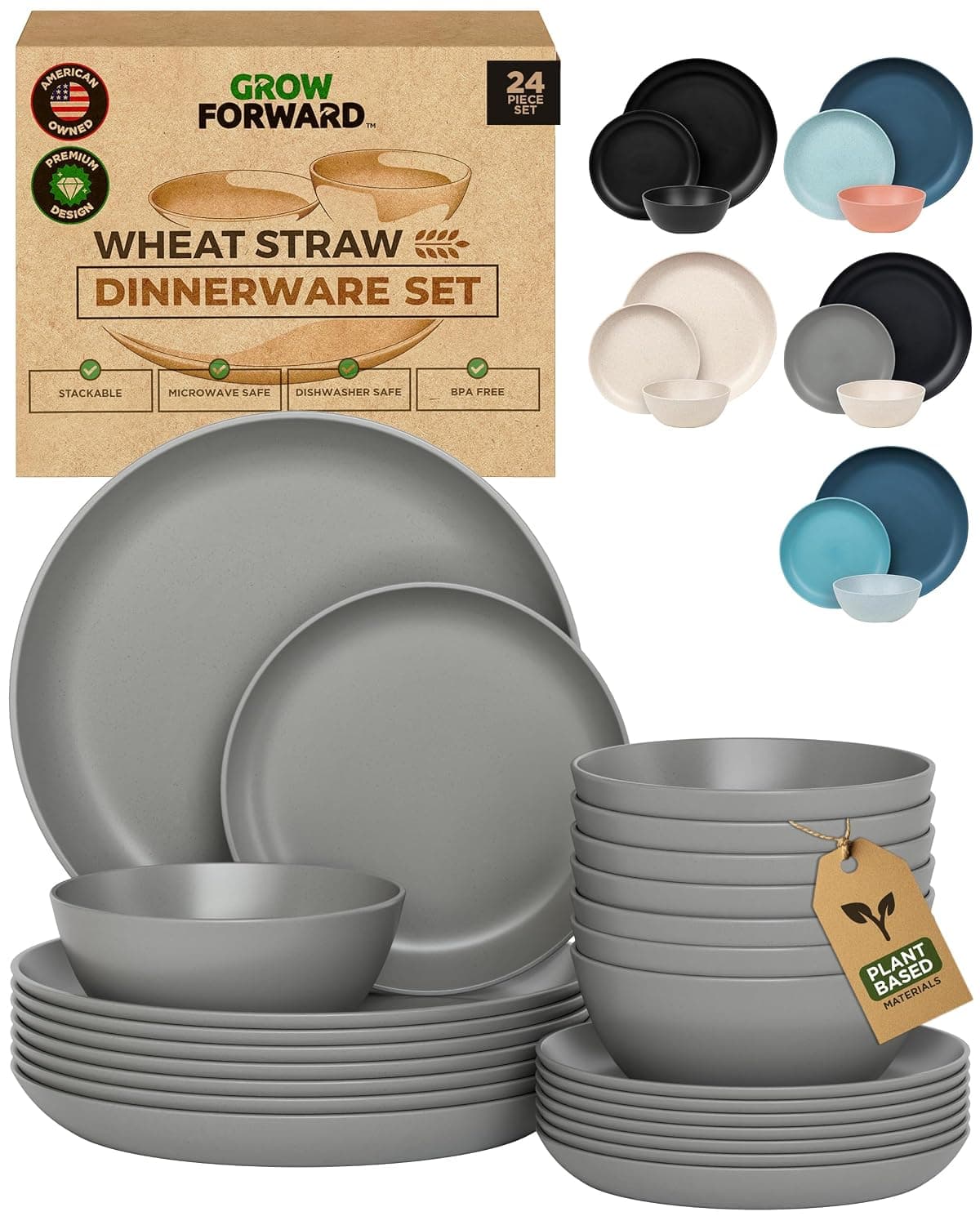Grow Forward 24-piece Premium Wheat Straw Dinnerware Sets for 8 - Dinner Plates, Dessert Plates, Cereal Bowls - Unbreakable Microwave Safe Plastic Plates and Bowls Sets, RV, Kitchen Dishes - Feather