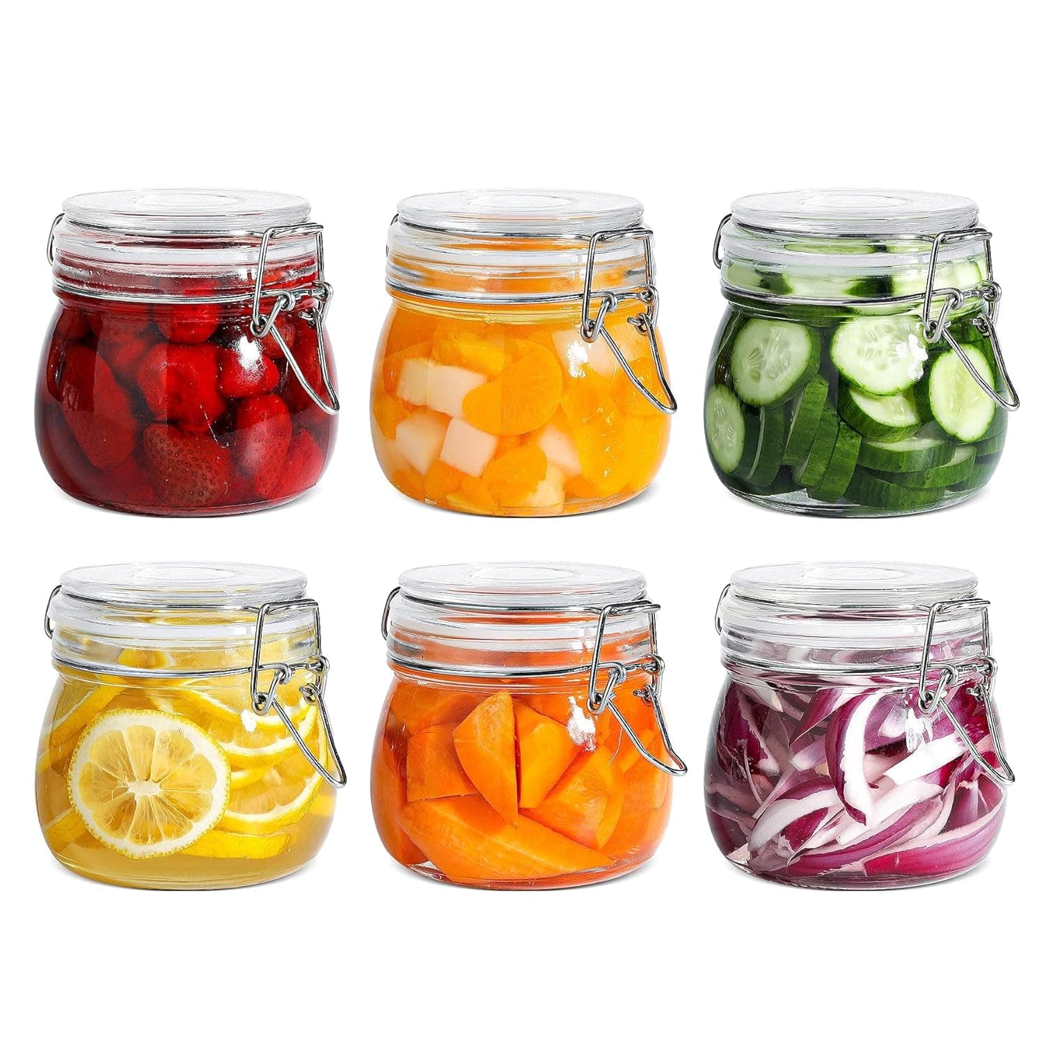 Airtight Glass Canister Set of 6 with Lids,17oz Food Storage Jar Round Storage Container with Clear Preserving Seal Wire Clip Fastening for Kitchen Canning Cereal,Pasta,Sugar,Beans (Round)
