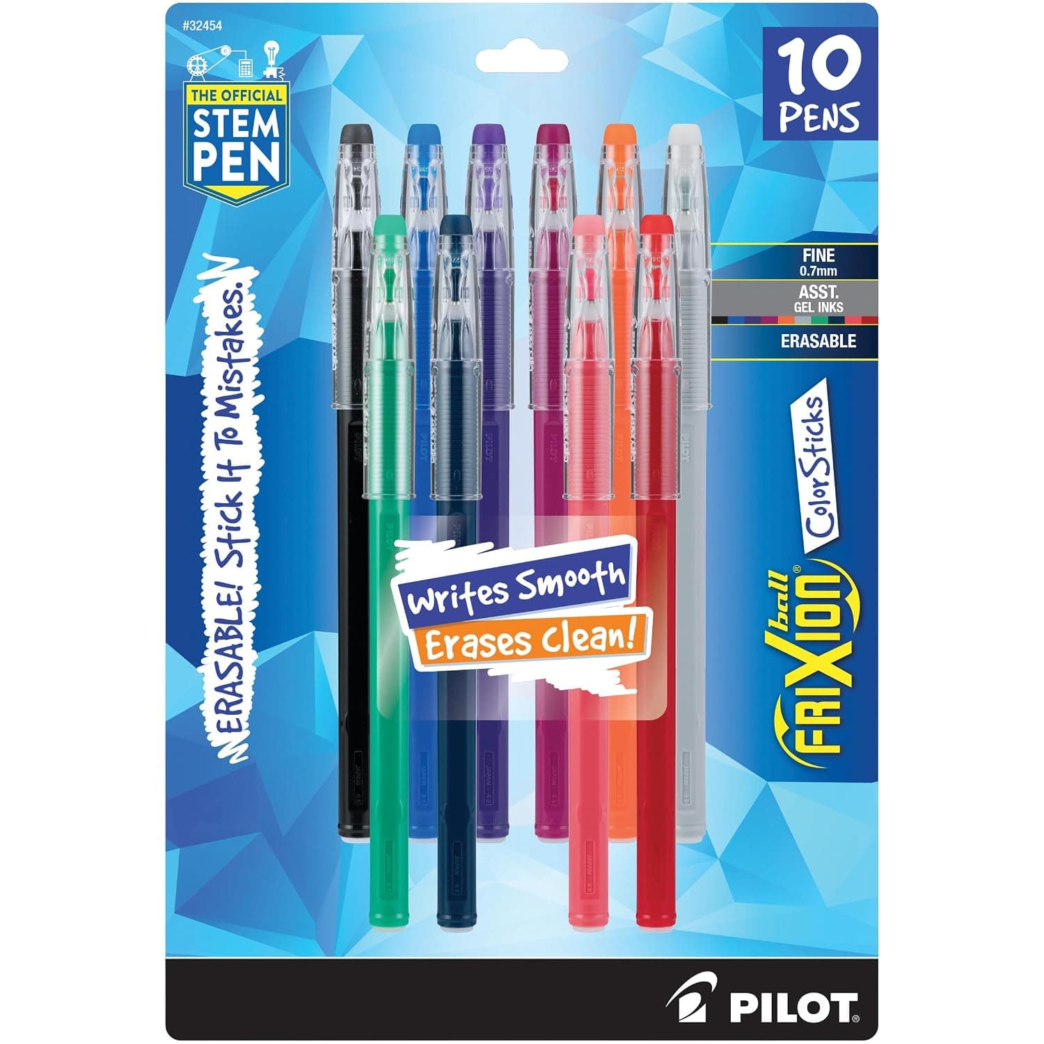 PILOT FriXion ColorSticks Erasable Gel Ink Stick Pens, Fine Point, Assorted Color Inks, 10-Pack (32454)