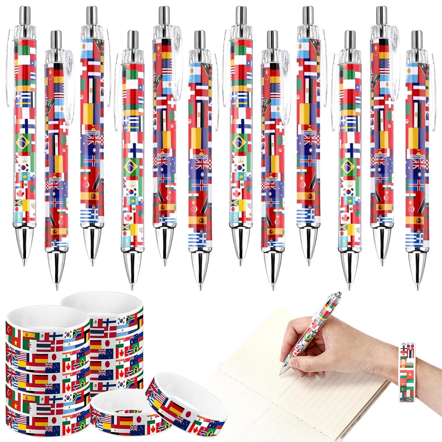 Sayglossy 24 Pcs International Flag Retractable Pens World Country Flag Rubber Bracelets Multicultural Around the World Party Favors Decorations International Birthday Party Office Supplies