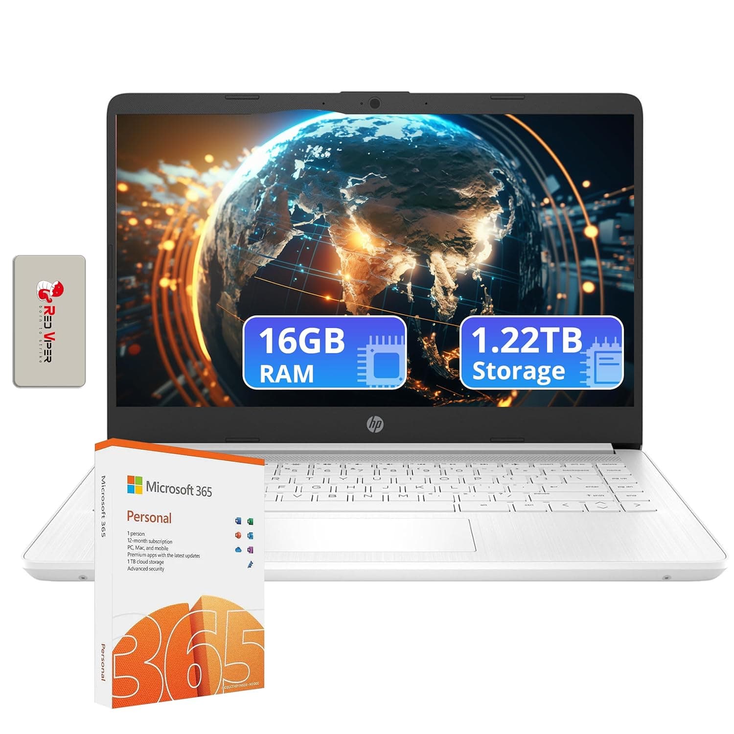 HP Flagship 14" HD Laptop with 1 Year Office 365 | 16GB RAM | 1.22TB Storage(64GB EMMC & 160GB Docking Station Set & 1TB Cloud Storage) | Intel 4-Core Processor | Webcam | Win 11s | White