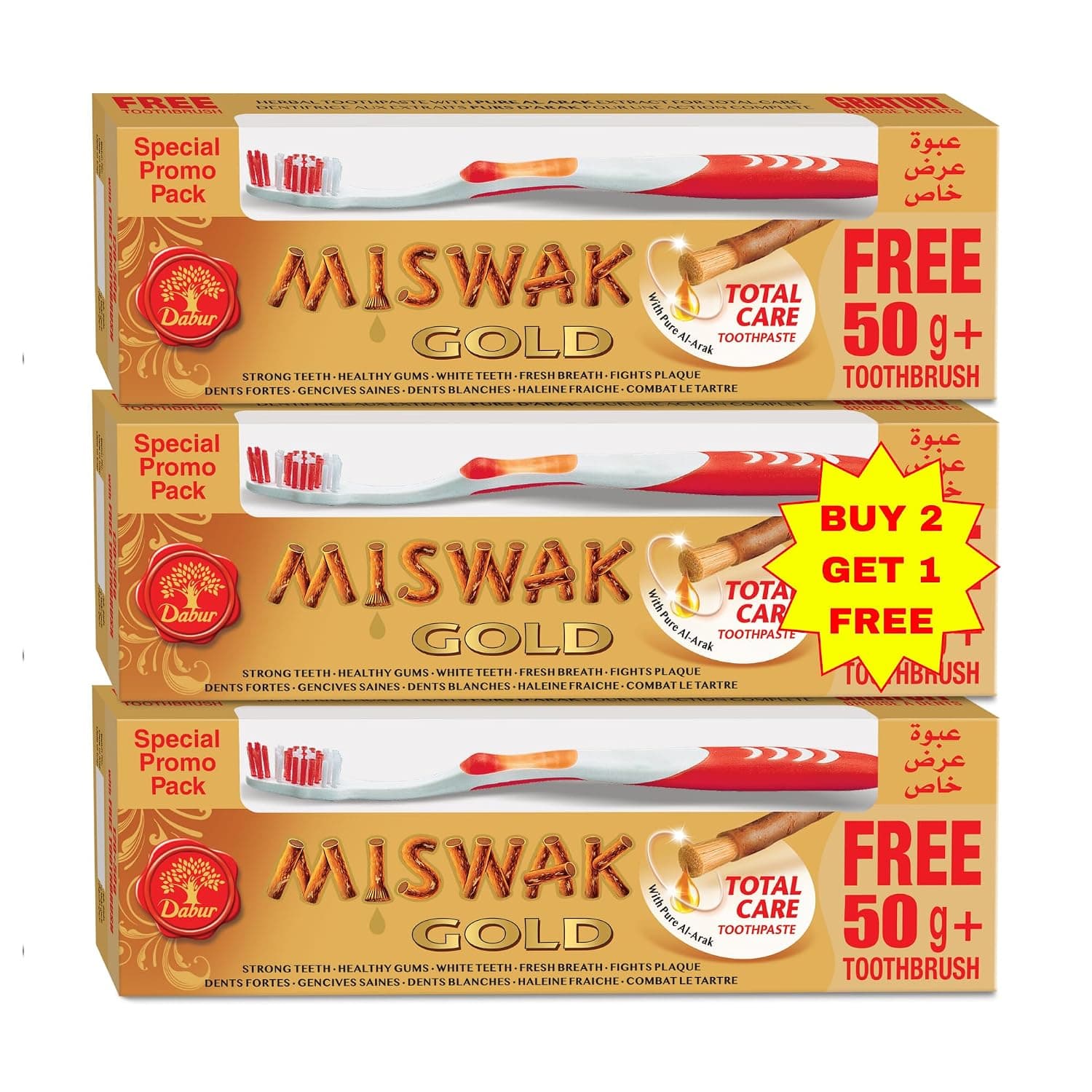 Dabur Miswak Gold Total Care Toothpaste + Toothbrush 3x170g (2+ 1 Free) | Formulated With Pure Extracts Of Al Arak | For Healthy Gums & Strong Teeth | Value Pack