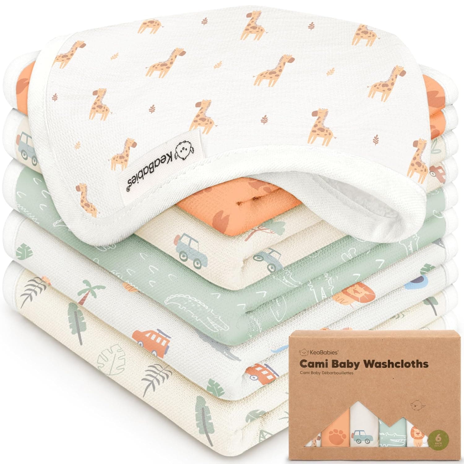 KeaBabies 6-Pack Cami Baby Washcloths, Ultra Soft Absorbent Baby Wash Cloth Set for Bath Time, Feeding & Daily Care, Wilderness