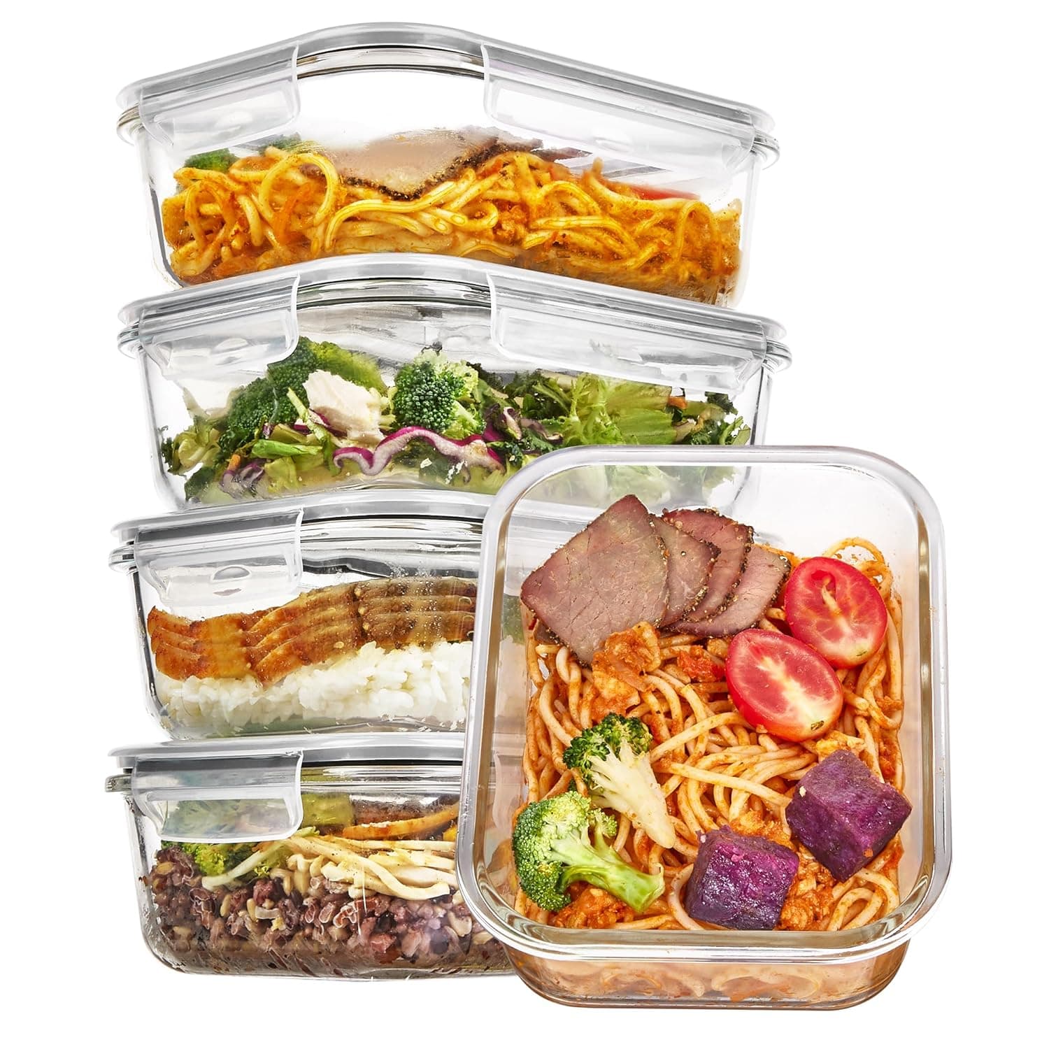 Vtopmart 5 Pack 35oz Glass Food Container with Lids, Containers for Kitchen Food with Snap Locking Lids for Microwave, Oven, Fridge and Dishwasher