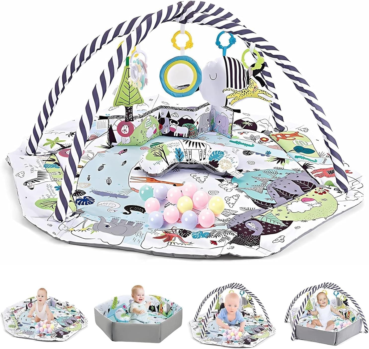 VUCATIN Baby Gym Play Mat, Baby Floor Mat Activity Gym Playmat, Stage-Based Developmental Activity Gym & Play Mat for Baby to Toddler, with 5 Hanging Toys and 18 Ocean Balls (grey)