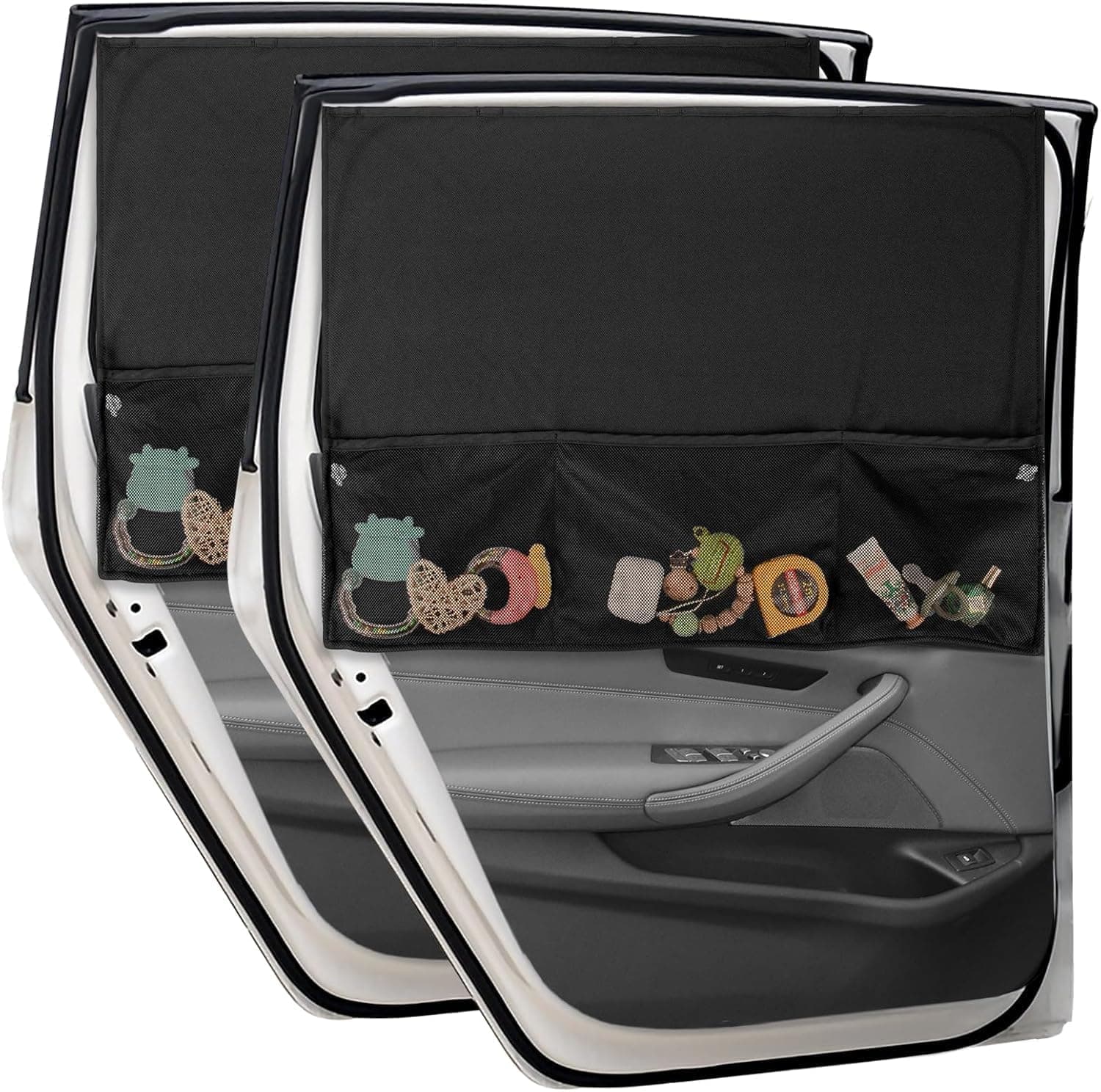 2 PCS Car Side Window Sunshade, Breathable Anti-wrinkle Light Shelter Storage 2-in-1 Cooling Heat Privacy Protection Sunshade, Car Curtains 7 Suction Cups, Suitable for Most Cars