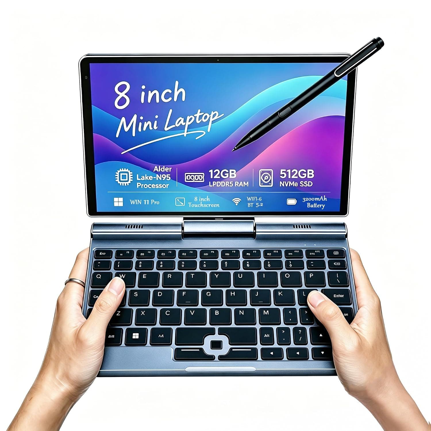 KOOFORWAY 8 Inch 2-in-1 Mini Laptop Tablet PC,N150 (Up to 3.6GHz), 12GB LPDDR5 RAM, 512GB SSD, Win 11 Pro 1280×800 Touchscreen, WiFi 6 BT5.2, USB-C, HDMI, Stylus Support Portable Notebook PC