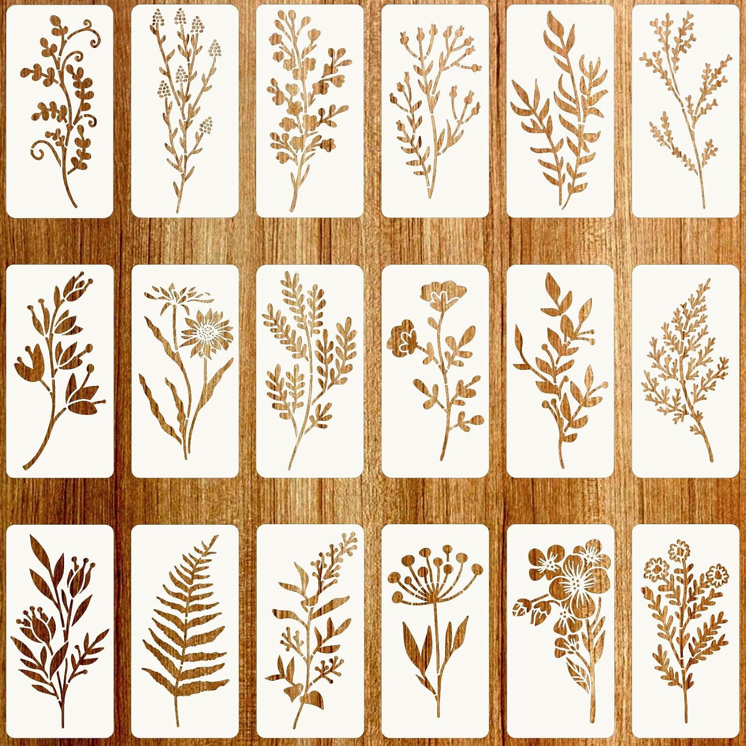 Wood Painting Stencils, Reusable Flower Stencils, Craft Stencils, Drawing Stencils for Painting on Wood, Wall, Furniture (18 Pcs)