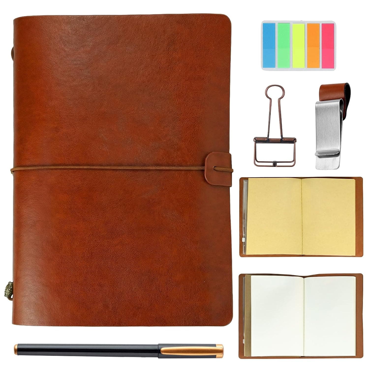 A5 Travelers Notebook Refillable Leather Journal Set, Writing Journal with Blank Paper, Kraft Inserts, Pen, Pen Clip, Index Tabs & Multi-function Pouch, Travelers Journal for Men Women(Vintage Brown)