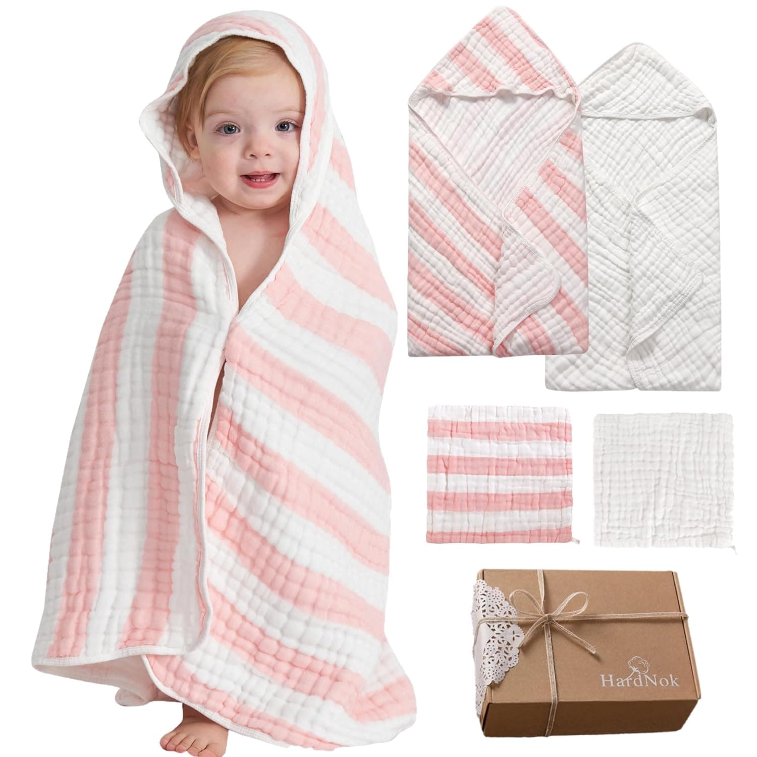 Organic Muslin Hooded Baby Bath Towel 4pc for Newborn - Pink Stripe | Features two 6-layer 32x32" towels and two washcloths; soft absorbent muslin curated registry shower gift box for baby girls